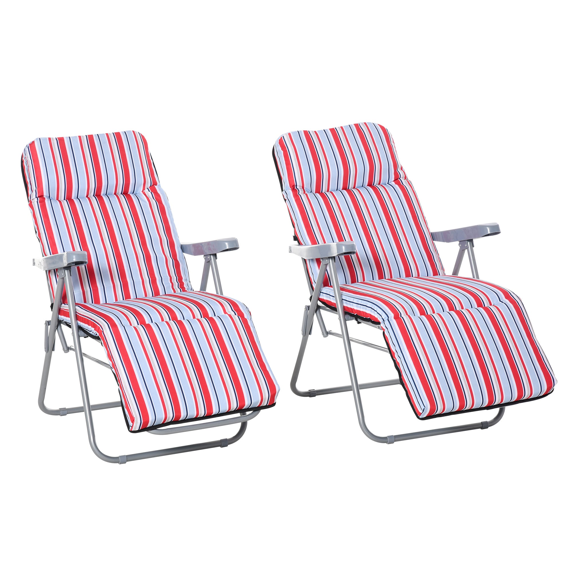Outsunny Set of 2 Garden Sun Lounger Outdoor Reclining Seat Cushioned Seat Foldable Adjustable Recliner Red and White