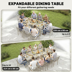 Outsunny Extending Garden Table, Aluminium Outdoor Dining Table for 8-10 with Wood-Like Grained Surface, Light Grey Wood Effect