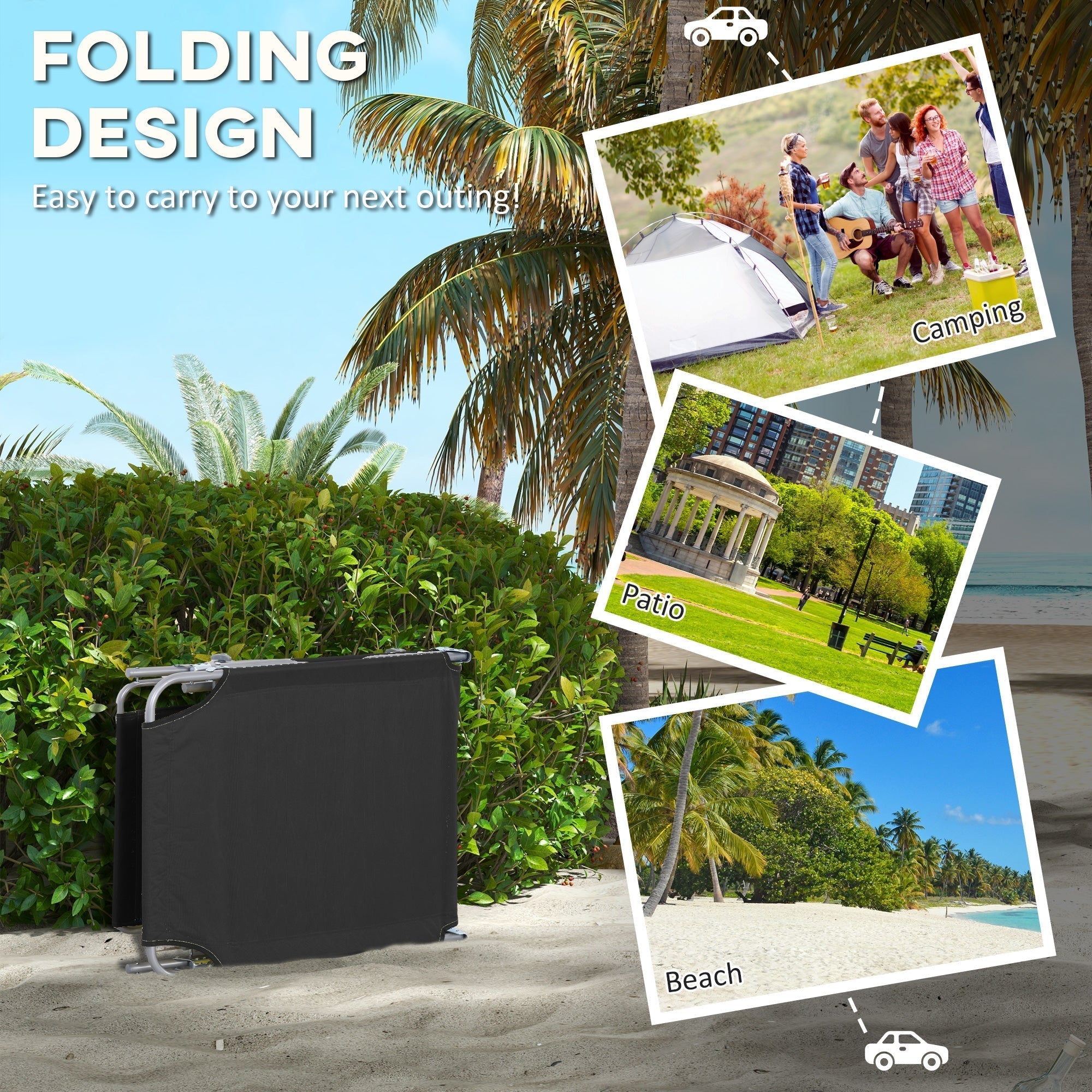 Outsunny Foldable Sun Lounger Set of 2 with Sun Shade & Adjustable Backrest - Black