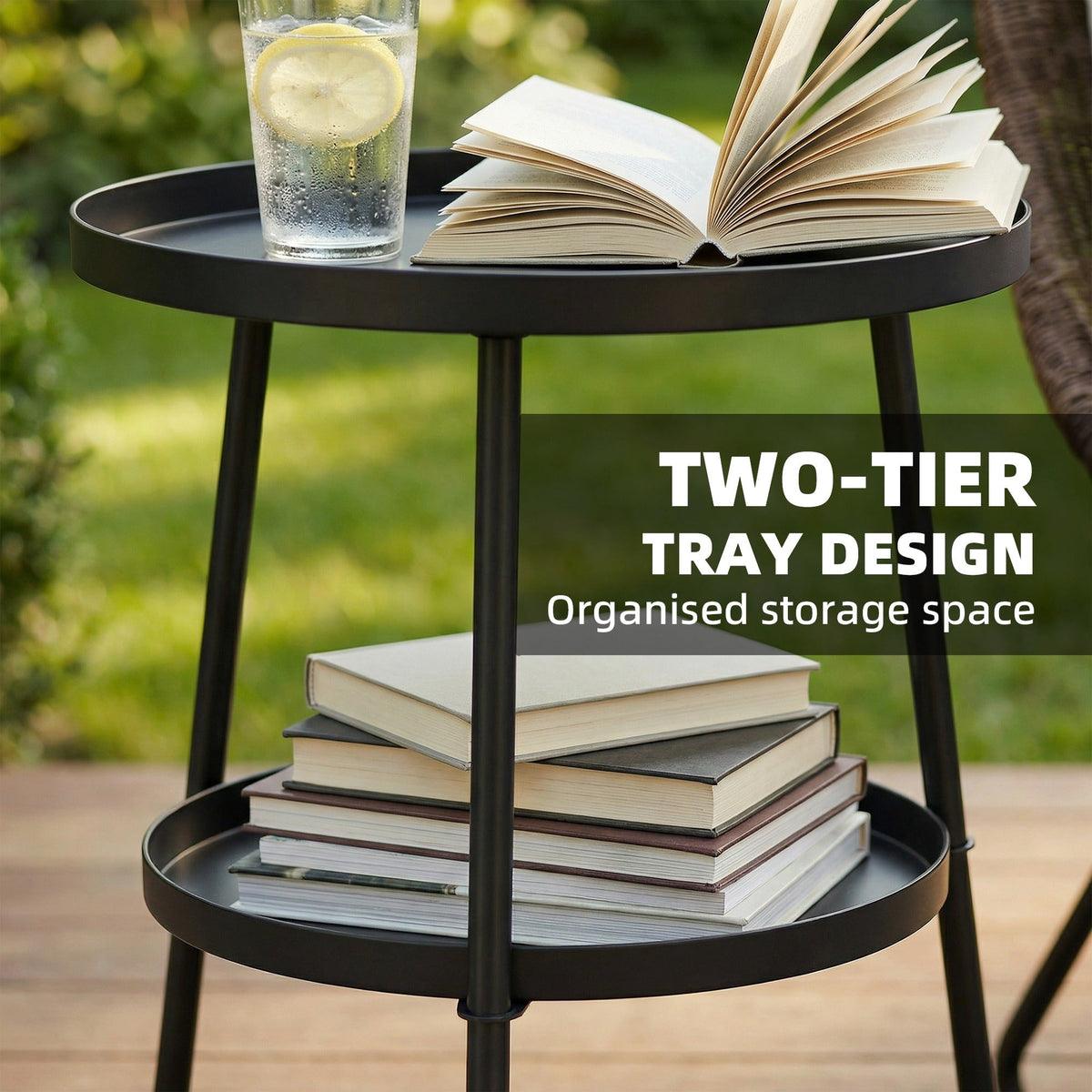 Outsunny Patio Side Table, 2-Tier Round Coffee End Table for Garden Balcony Living Room Bedroom, Black