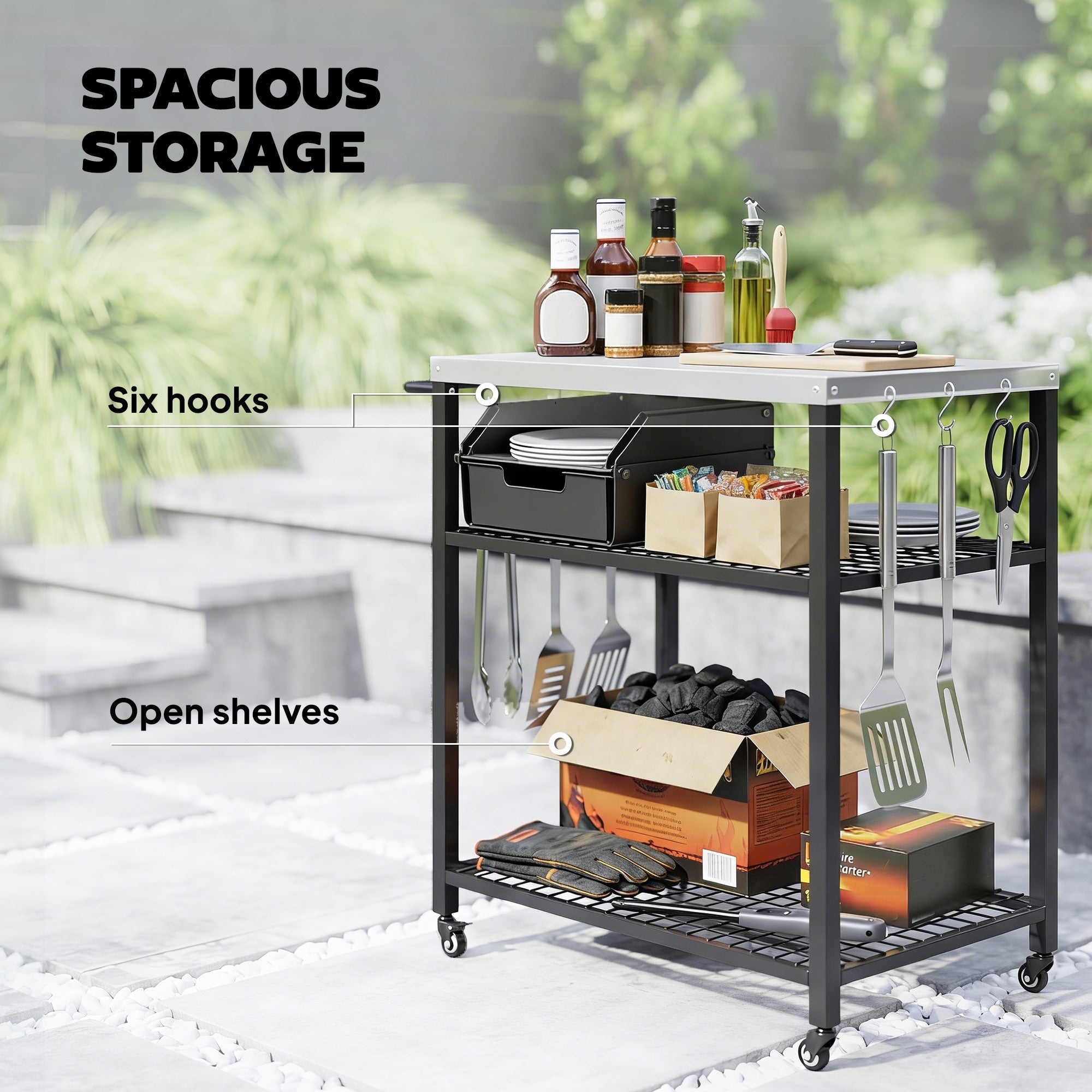 Outsunny Outdoor Grill Cart with Stainless Steel Tabletop, 3-Tier Pizza Oven Stand with 2 Shelves, 6 Hooks, Wheels, Black