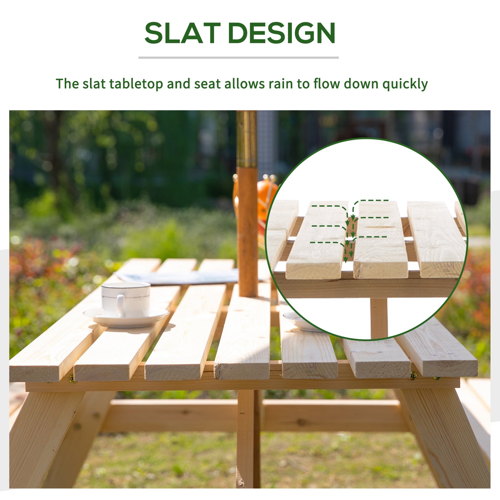 Outsunny 6 Seater Wooden Picnic Table Bench for Outdoor Garden or Patio with Parasol Cutout 150 cm Natural Wood Finish