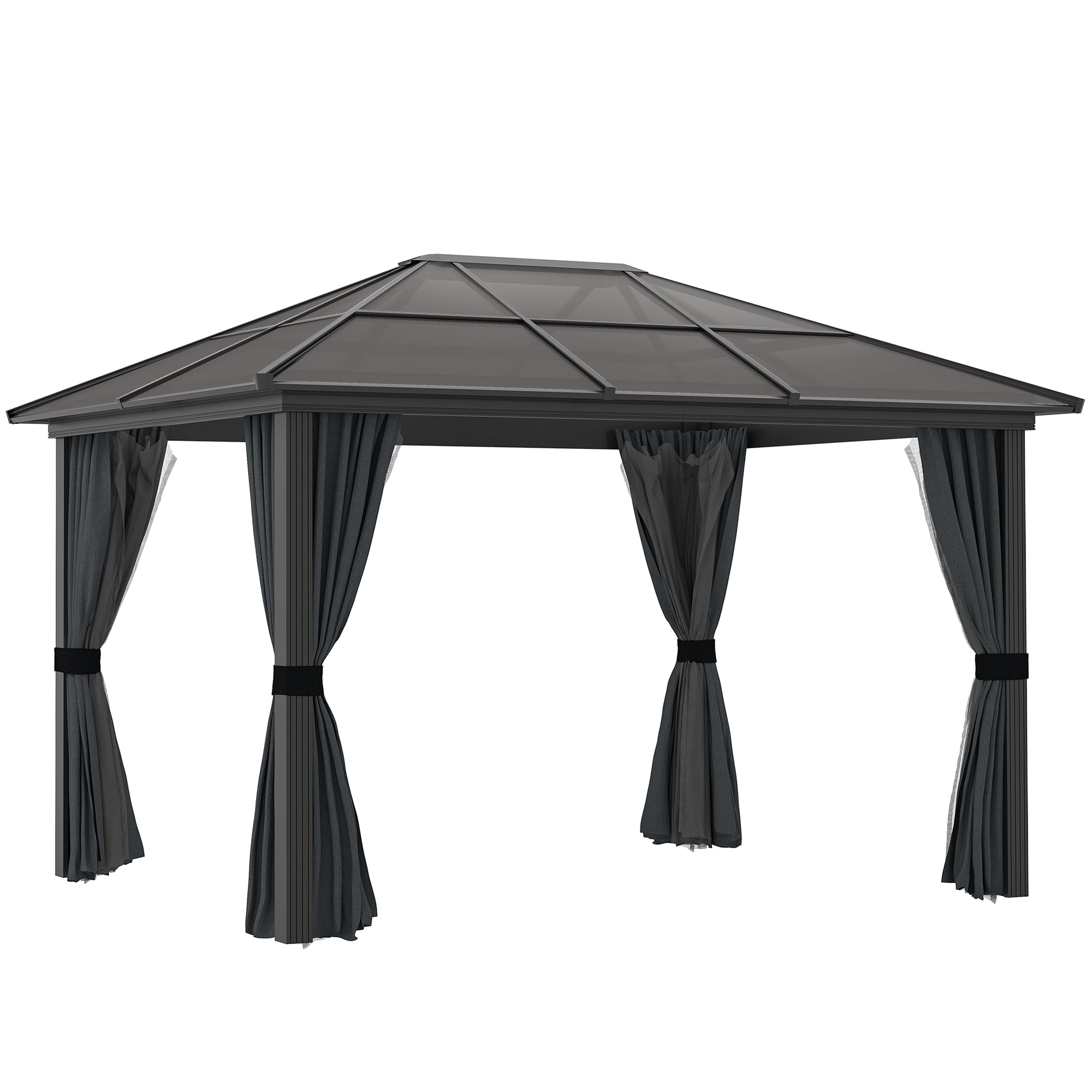 Outsunny 3 x 3.6m Hardtop Gazebo Canopy with Polycarbonate Roof, Aluminium Frame, Permanent Pavilion Garden Gazebo with Netting and Curtains for Patio, Deck, Dark Grey