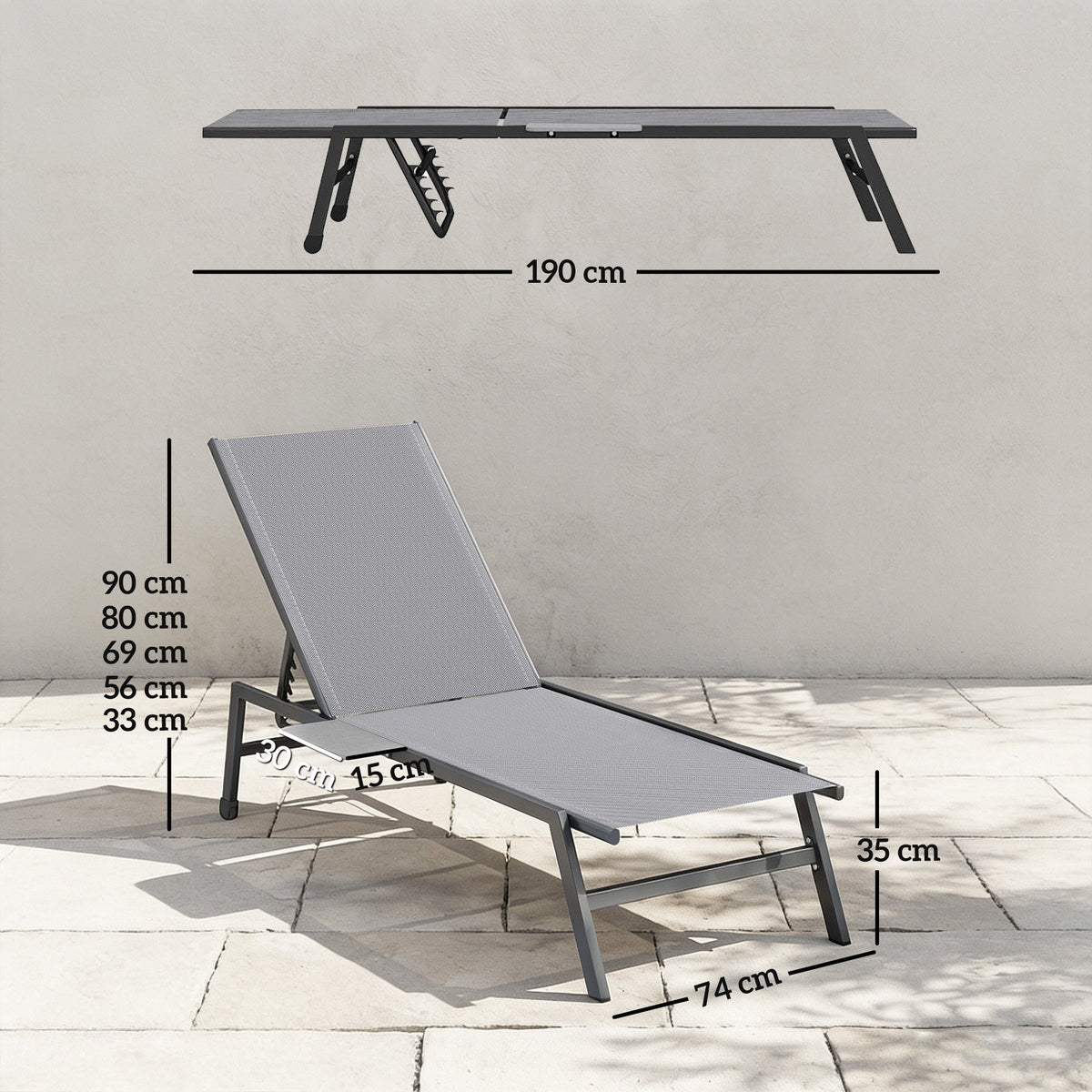 Outsunny Sun Loungers Set of 2 with Side Tray Table, Garden Recliners with 5-Position Adjustable Backrest, 2 Wheels, Grey
