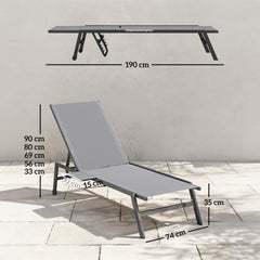 Outsunny Sun Loungers Set of 2 with Side Tray Table, Garden Recliners with 5-Position Adjustable Backrest, 2 Wheels, Grey