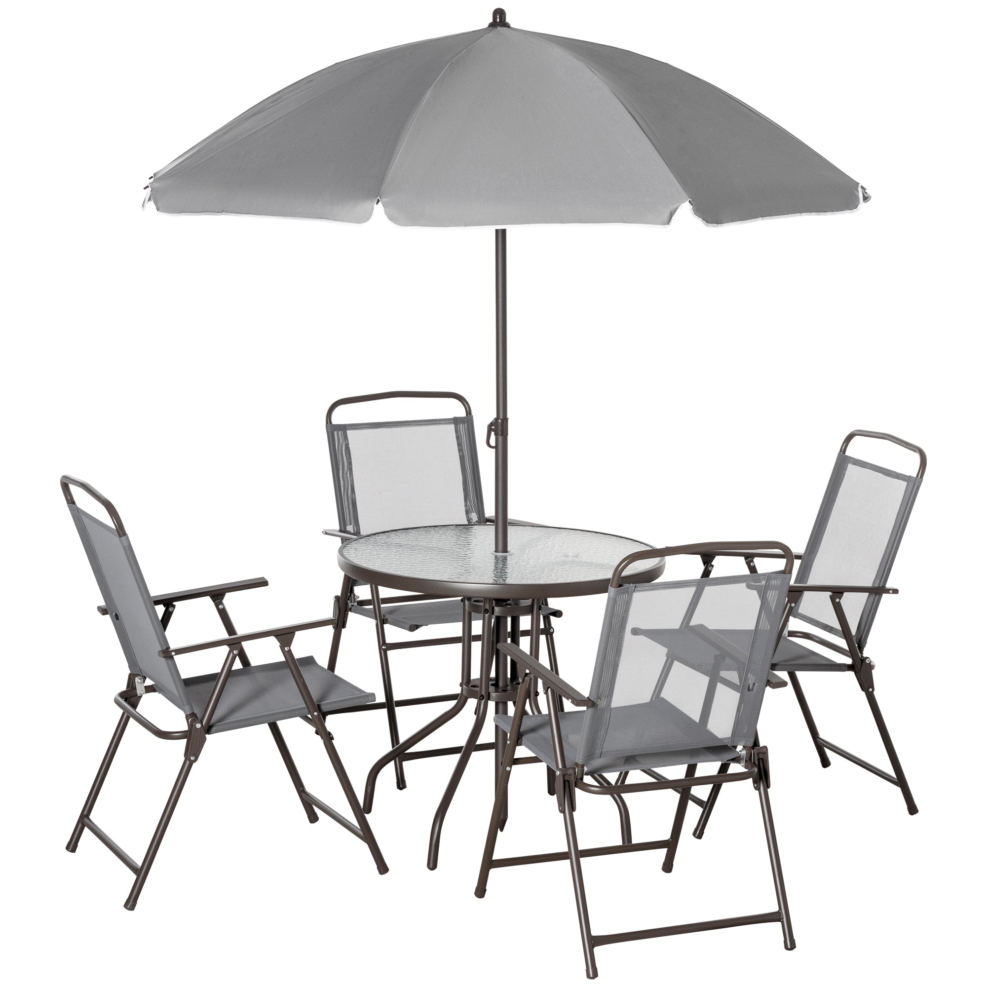 Outsunny 6 Piece Garden Dining Set with Umbrella, Outdoor Dining Sets with Parasol, 4 Folding Dining Chairs & Round Tempered Glass Table, Grey