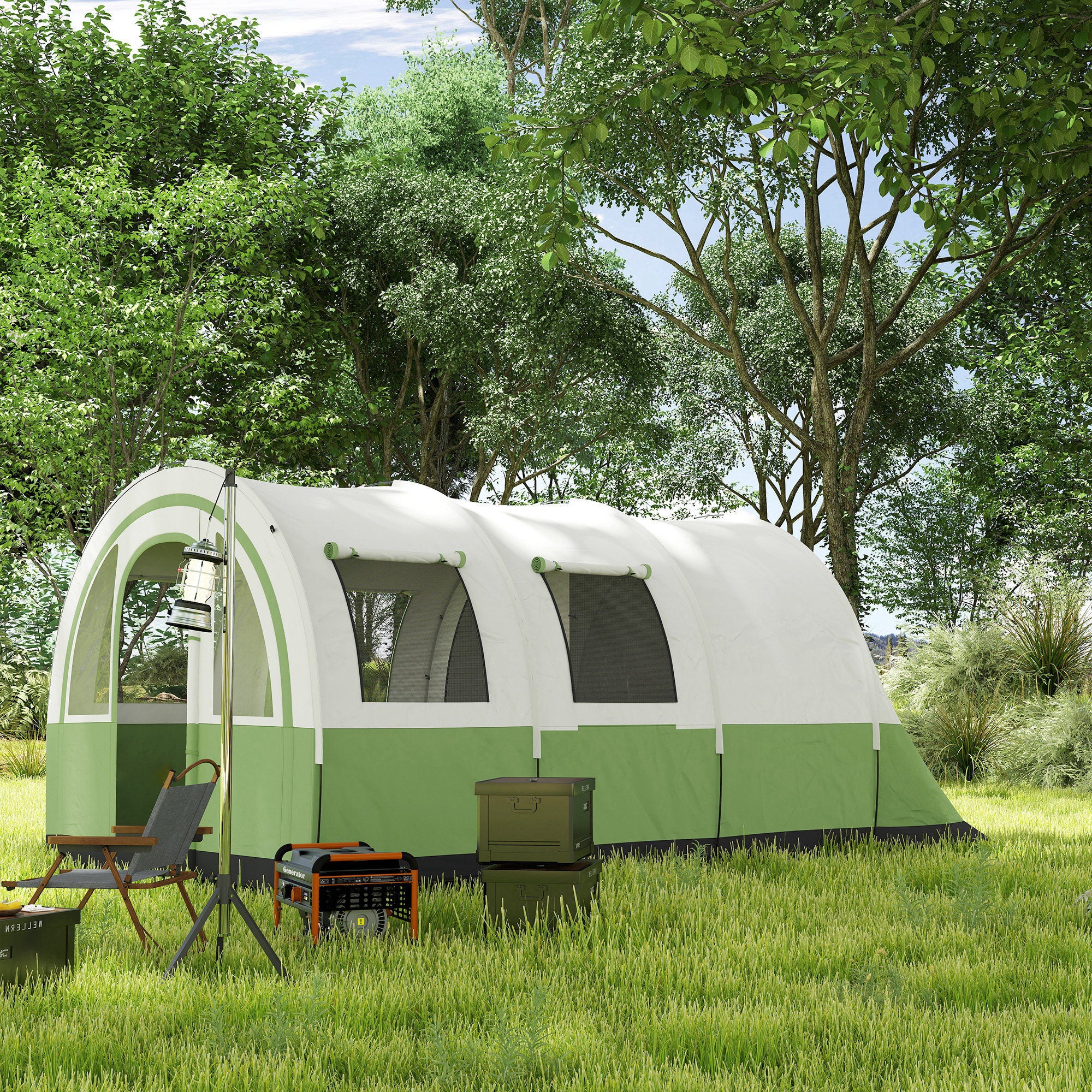 Outsunny 3000mm Waterproof Camping Tent, 5-6 Man Family Tent with Living and Bedroom, Carry Bag Included, Cream and Green