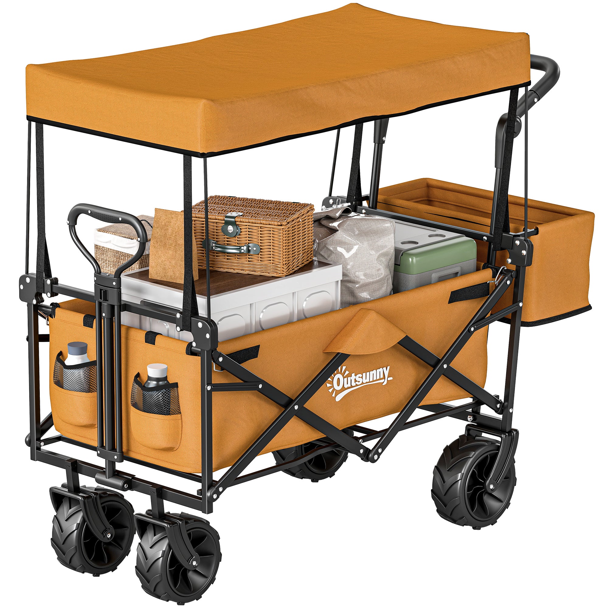 Outsunny 120L Festival Trolley on Wheels, Folding Camping Trolley Cart with Removable Canopy, All-Terrain Wheels, Adjustable Handle, Push or Pull for Garden Beach Fishing Shopping, Orange