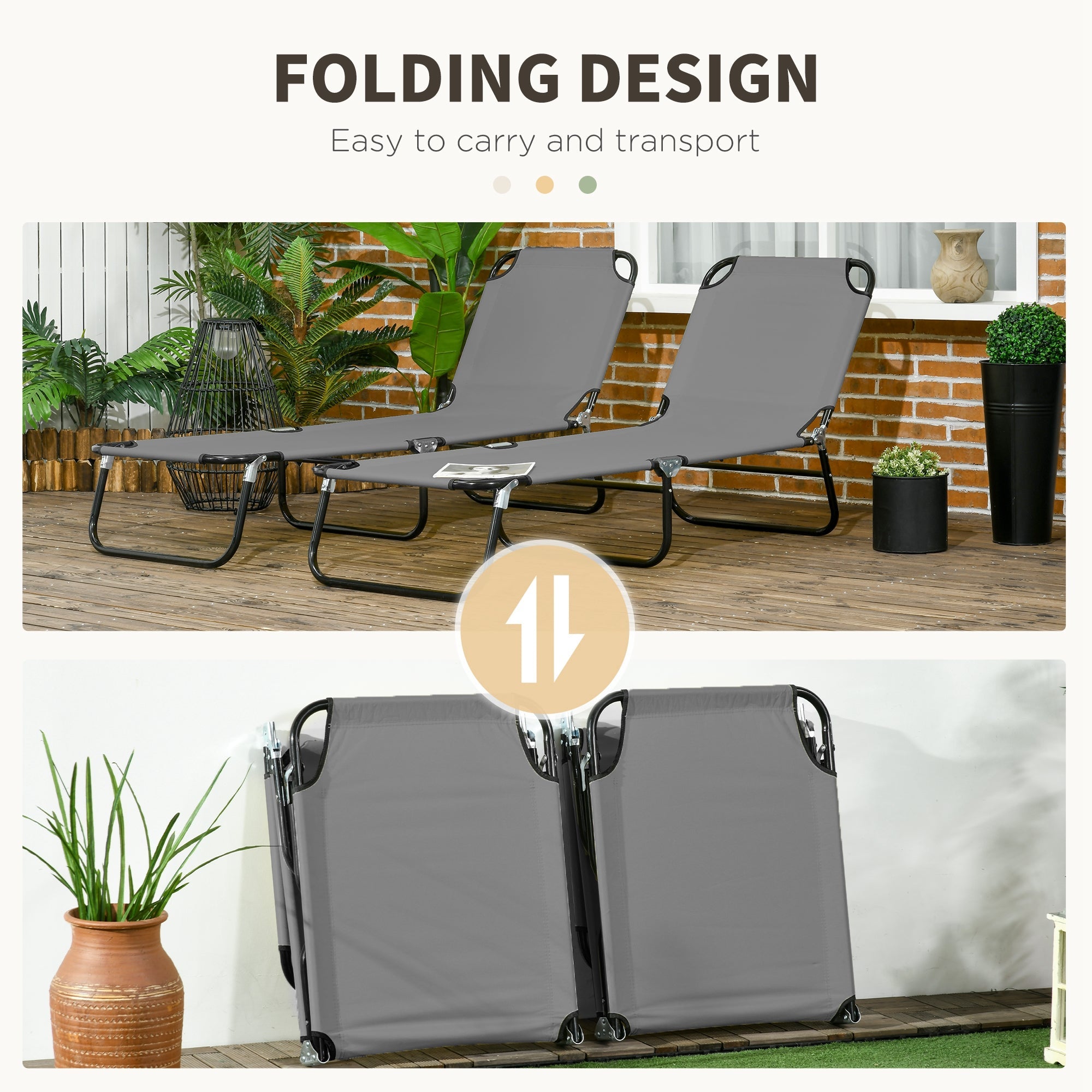 Outsunny Folding Sun Loungers Set of 2, Outdoor Day Bed with 5-Position Adjustable Backrest, Portable Recliner Garden Chairs with Breathable Mesh for Beach, Patio, Dark Grey