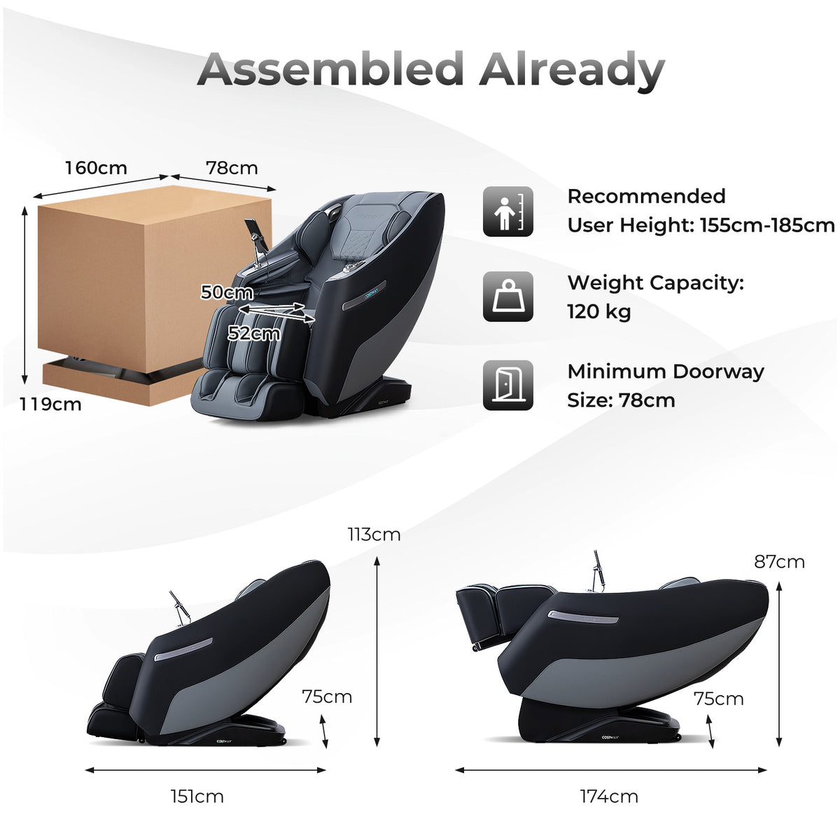 Zero Gravity SL Track Shiatsu Recliner Massage Chair with Waist Heating-Black
