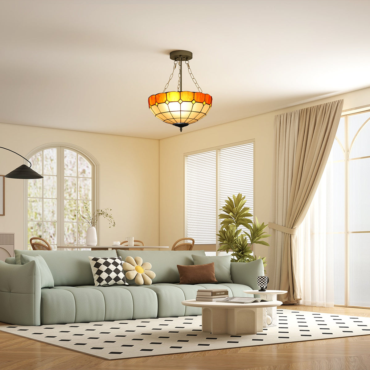 HOMCOM Tiffany Style Ceiling Light, Vintage Chandelier with 3 E27 Sockets, Semi Flush Mount for Living Room, Bulbs Not Included
