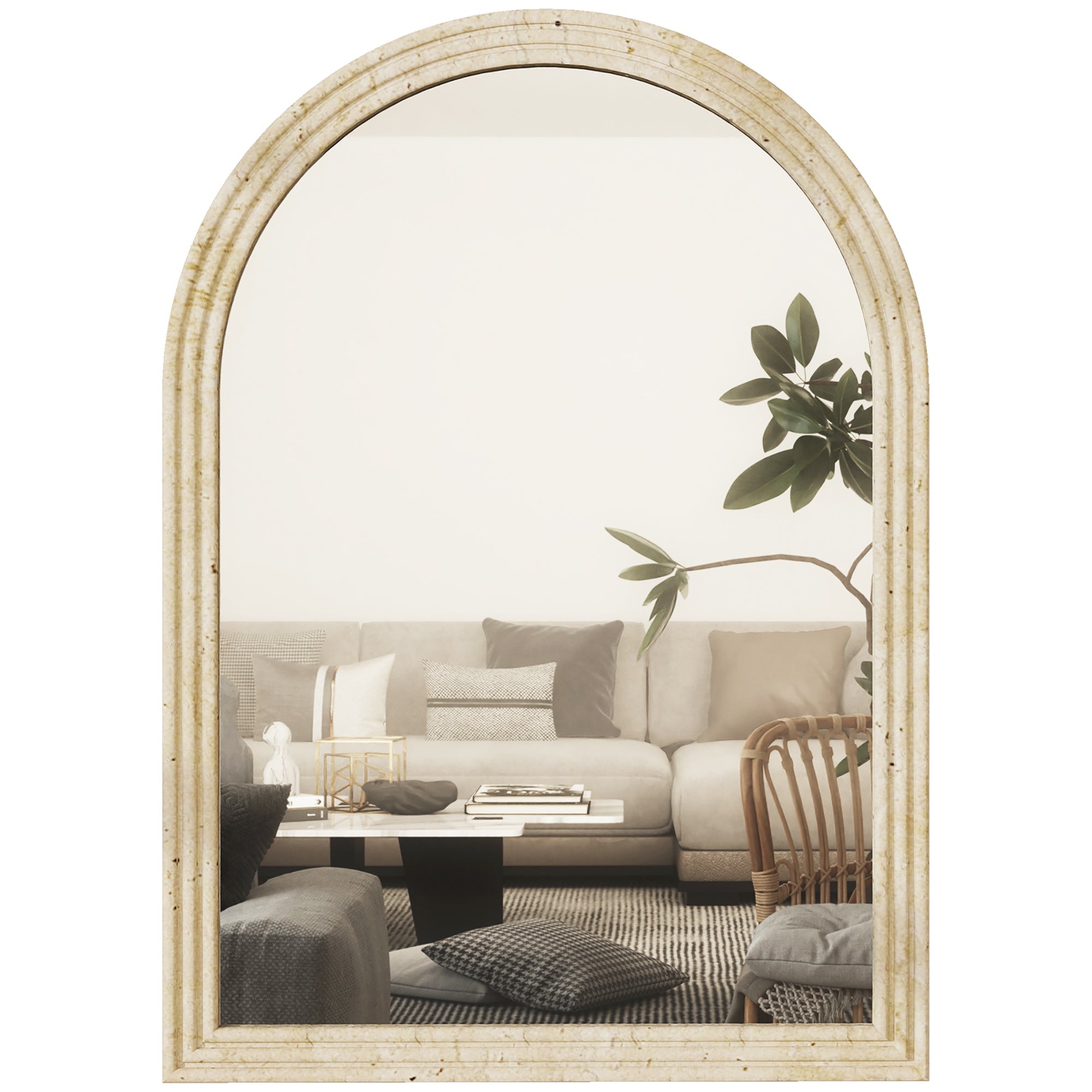 HOMCOM Arched Wall Mirror with Grooved Edge & Hooks, Wall-Mounted Mirror, Modern Tempered Glass & Polystyrene Beige