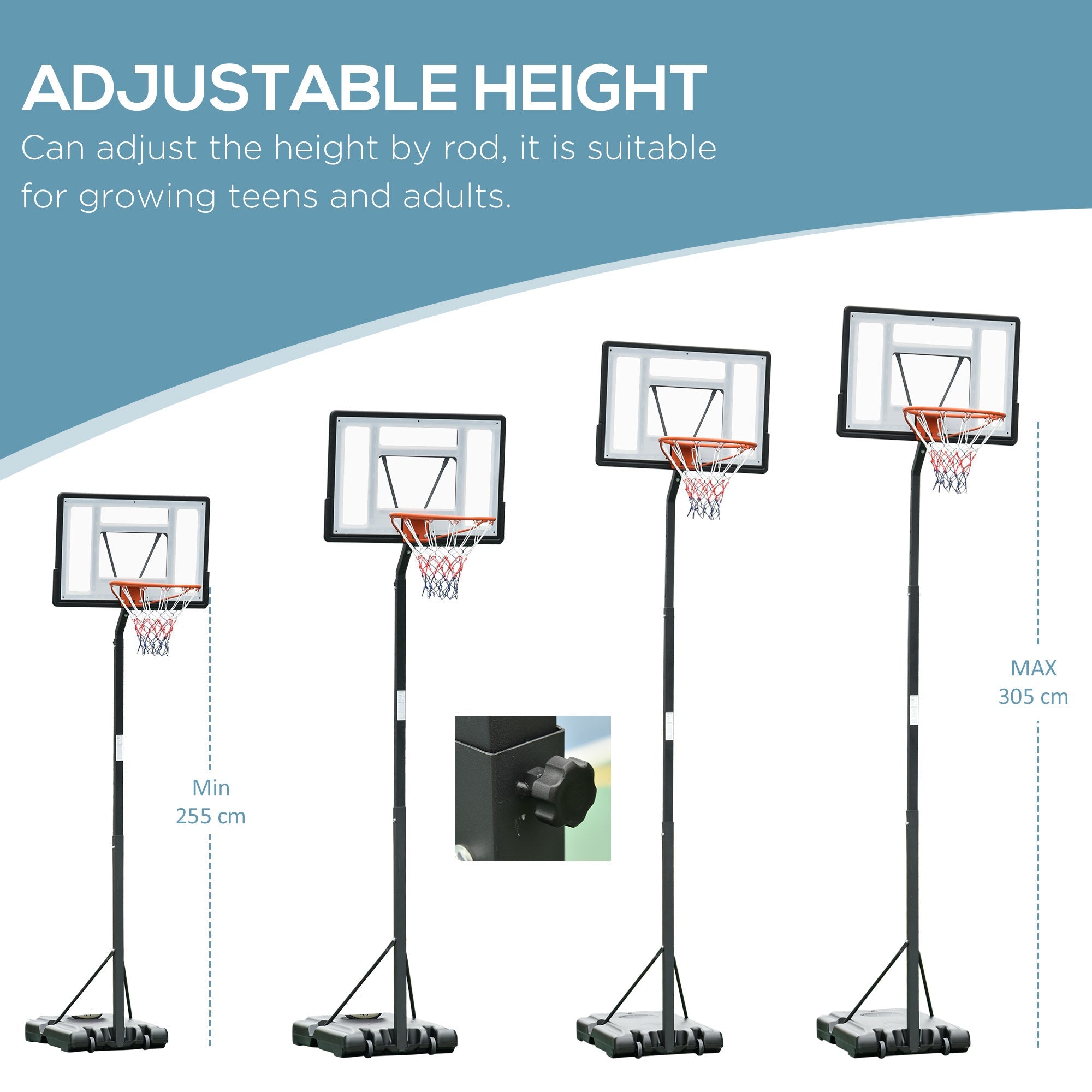 HOMCOM Portable 10ft Basketball Backboard Hoop Set Professional Outdoor Freestanding Basketball Stand with Wheels for Adults and Children, Adjustable High 2.55M-3.05M