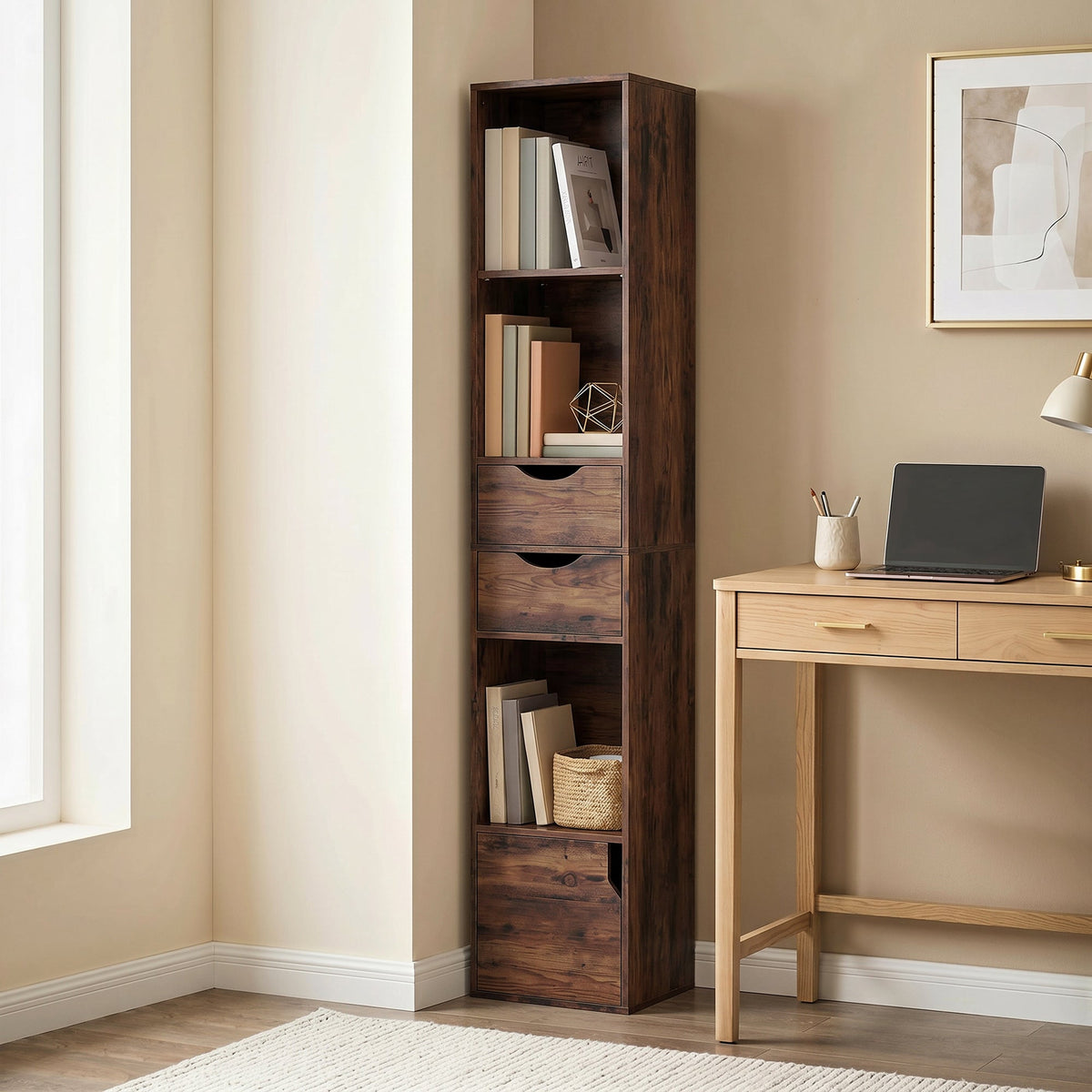 HOMCOM Bookcase with Drawers Adjustable Shelf Bookshelf with 2 Drawers and Cabinet 158 cm Rustic Brown