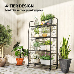 Outsunny 4-Tier Metal Plant Stand, Heavy Duty Ladder Shelf Potted Plants Display Rack with Lockable Wheels