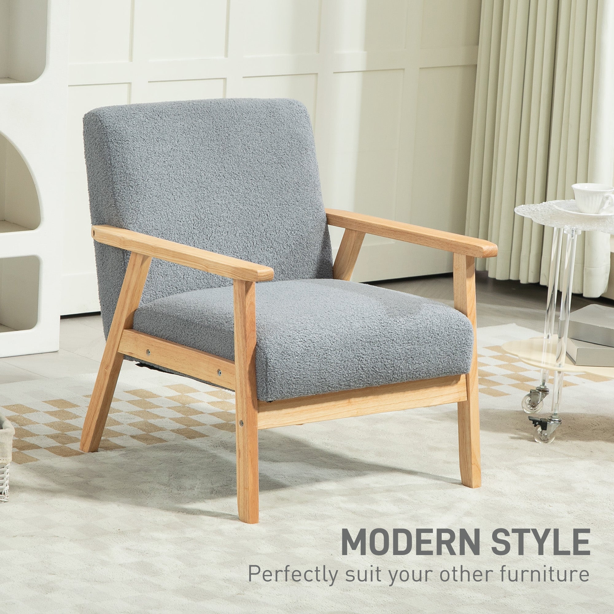 HOMCOM Modern Armchair, Cashmere Upholstered Sofa with Solid Wood Legs and Wide Seat, Accent Chair for Living Room Bedroom Office, Grey