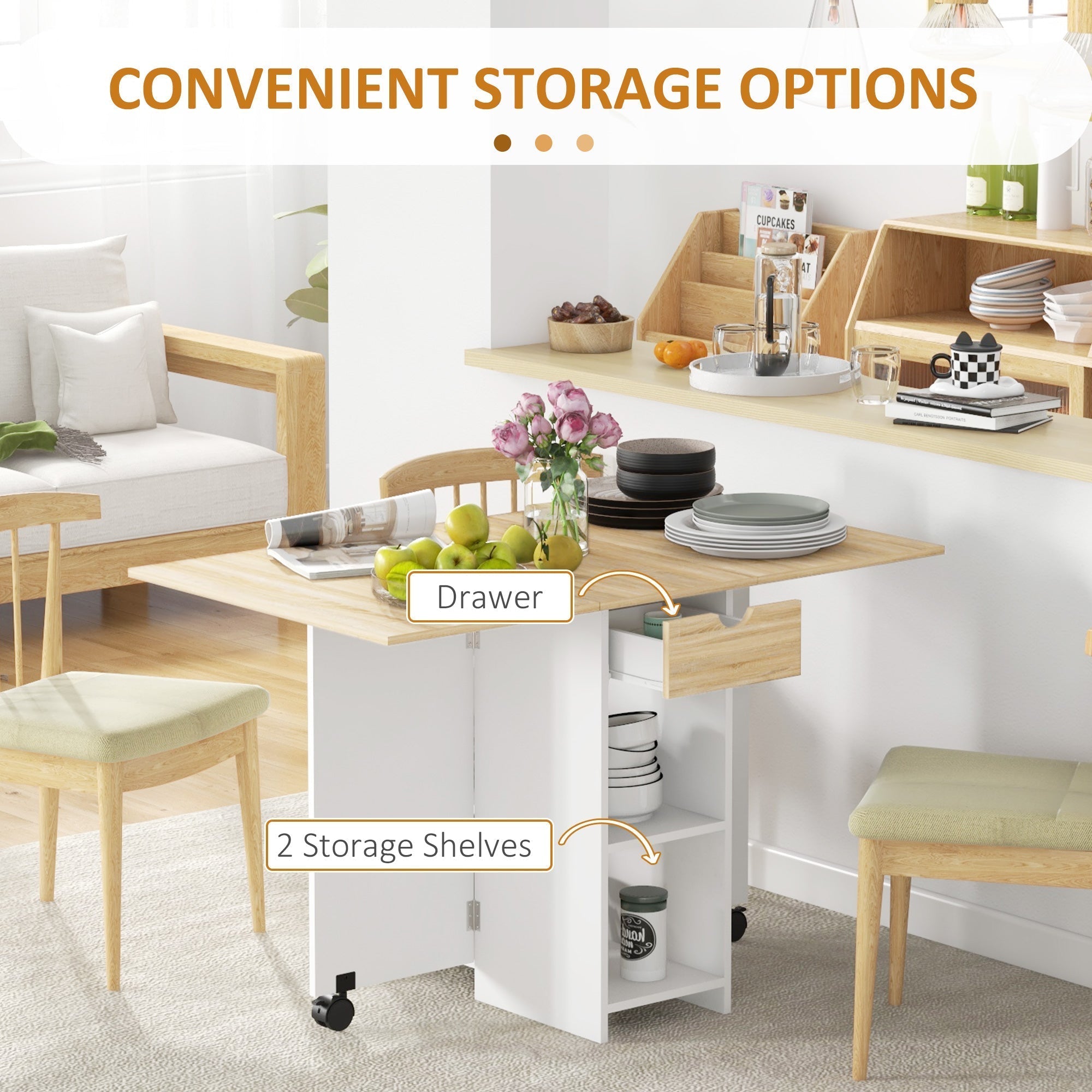 HOMCOM Folding Dining Table, Drop Leaf Table for Small Spaces, Foldable Table with Drawer and Storage Shelves for Kitchen, Dining Room, Oak