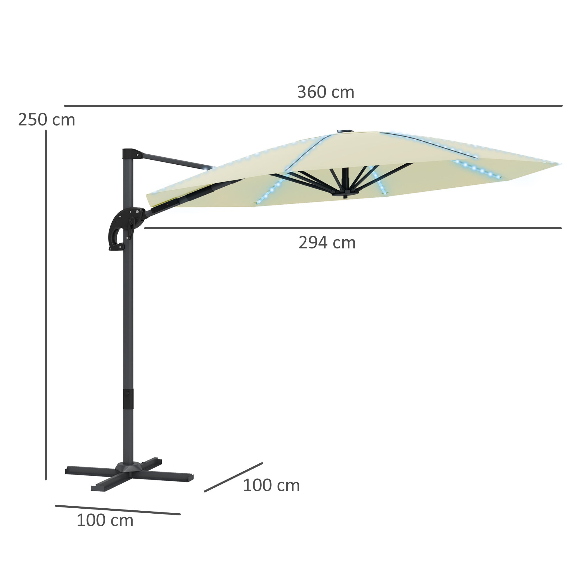 Outsunny 3(m) Cantilever Garden Parasol with Solar Powered Lights, Crank Handle & Cross Base, UPF 50+, 360√Ç¬∞ Rotation, Cream