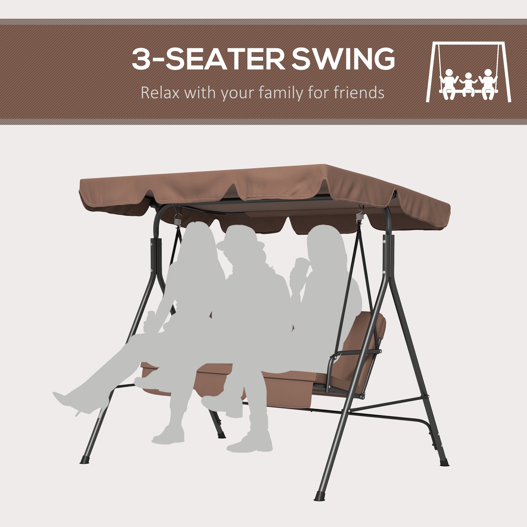 Outsunny 3 Seater Garden Swing Chair, Outdoor Swing Chair with Adjustable Canopy, Mental Frame & Cushions, Brown