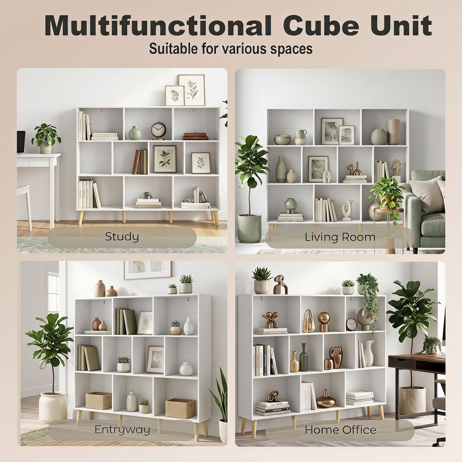HOMCOM 10-Cube Bookcase, 3-Tier Book Shelf with Solid Wood Legs, 140 cm Modern Bookshelf with Anti-Tip Kit for Bedroom, White