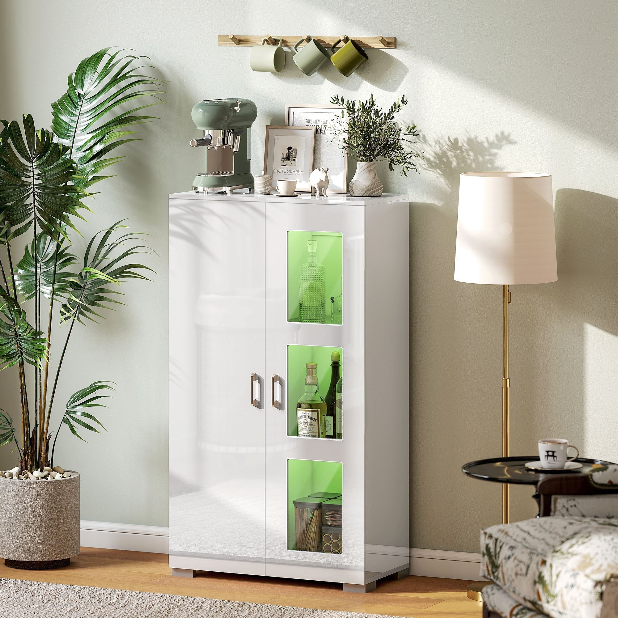 HOMCOM High Gloss Sideboard, Display Cabinet with 16-Colour RGB LED Lights and Remote Control, Modern Storage Cupboard with Glass Doors and Shelves for Living Room, Dining Room, Kitchen, White