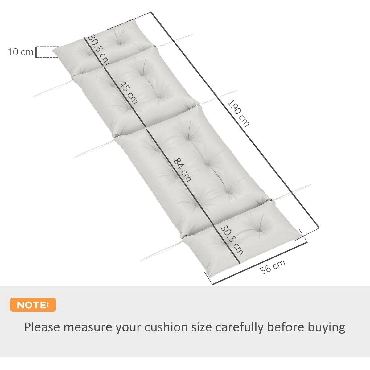 Outsunny Sun Lounger Cushions Only, 190 x 56 x 10 cm Garden Lounge Chair Cushions, UPF20+ 220gsm Fabric, Thick Sunbed Replacement Pads with 6 Ties, Light Grey