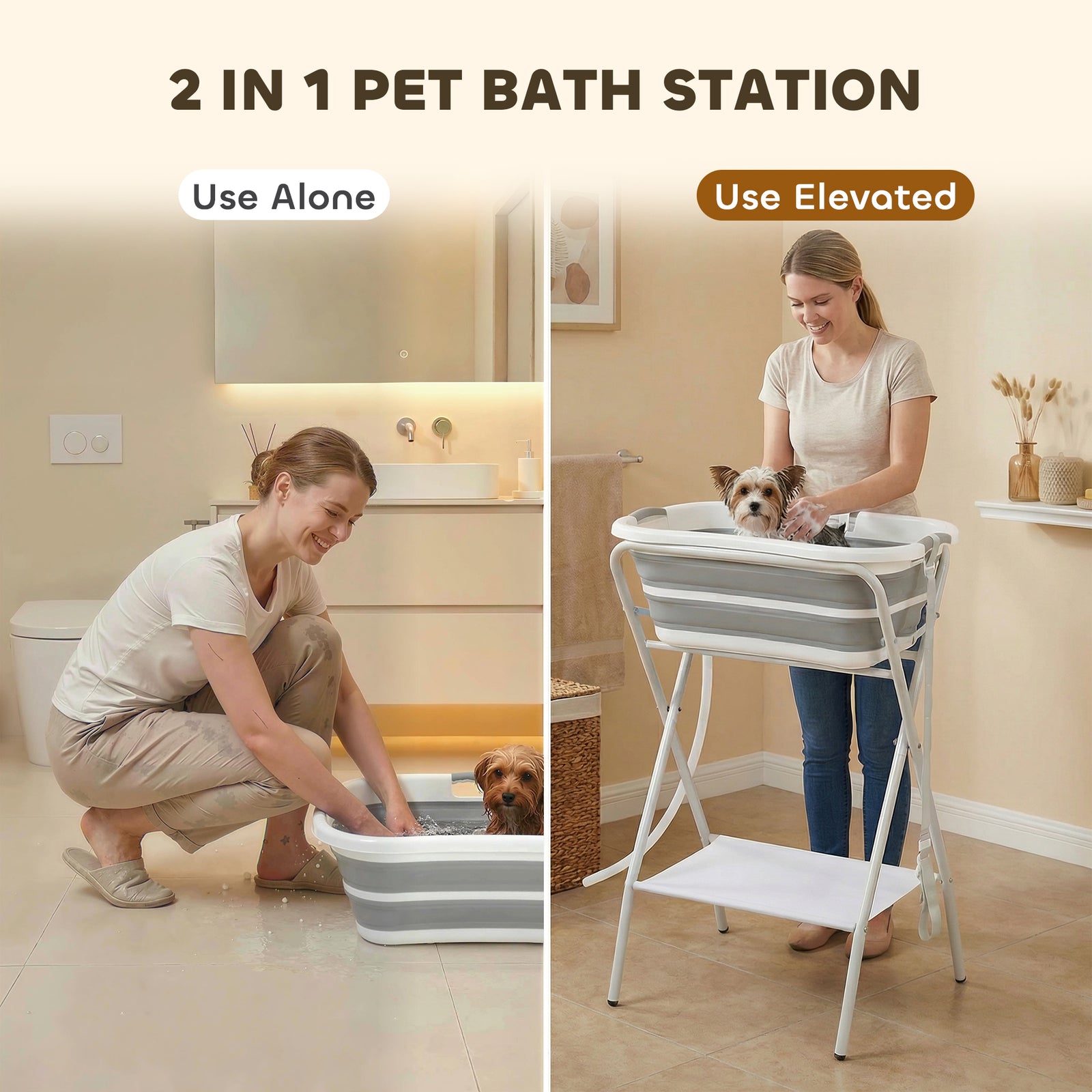 PawHut Dog Bath Tub, Portable Foldable Dog Bathtub with Stand, Drainage Hole, for Small Dogs Puppies Grey