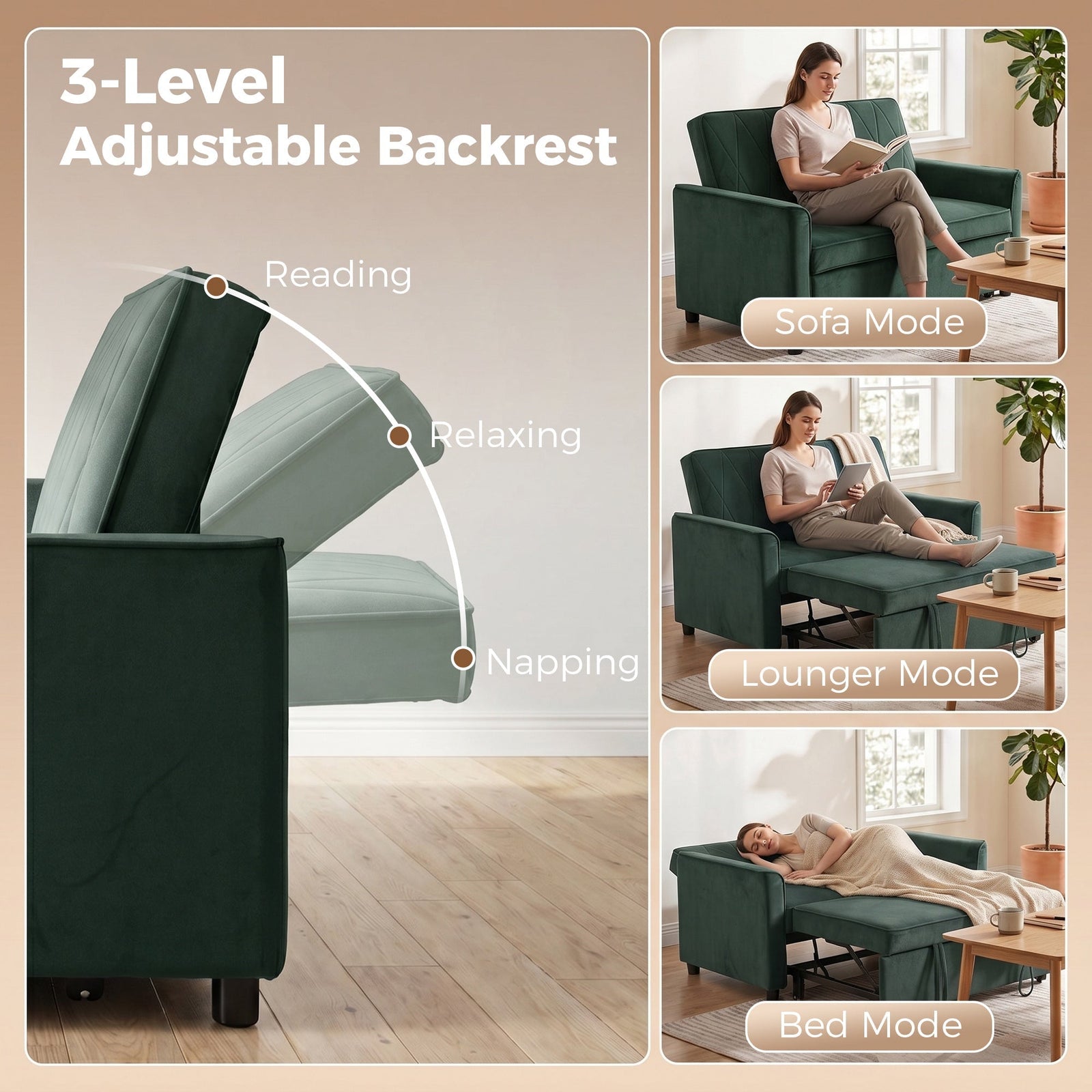 HOMCOM 2 Seater Sofa Bed, 3-in-1 Convertible Pull Out Sleeper Sofa with Clik-Clack Adjustable Backrest, Dark Green