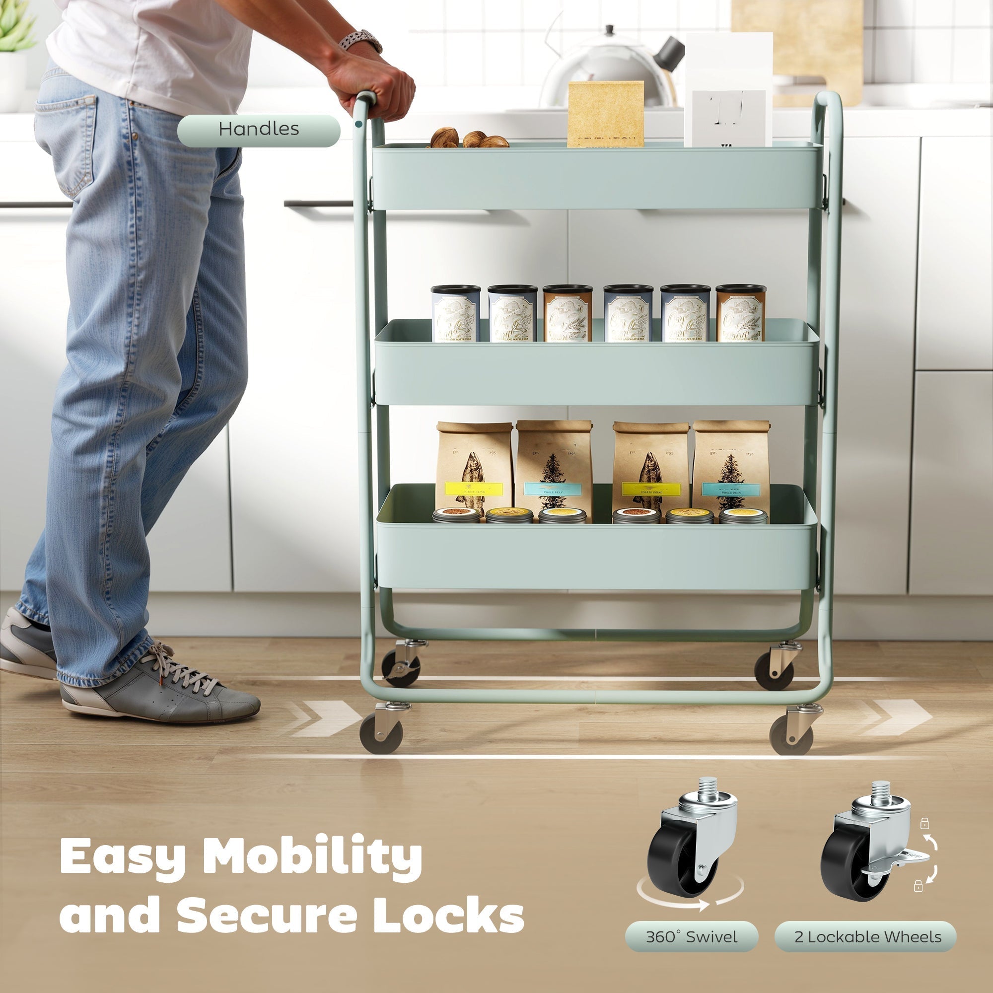 HOMCOM 3-Tier Storage Trolley on Wheels, Rolling Utility Cart with Mesh Backets for Kitchen, Bathroom, Bedroom, Light Green
