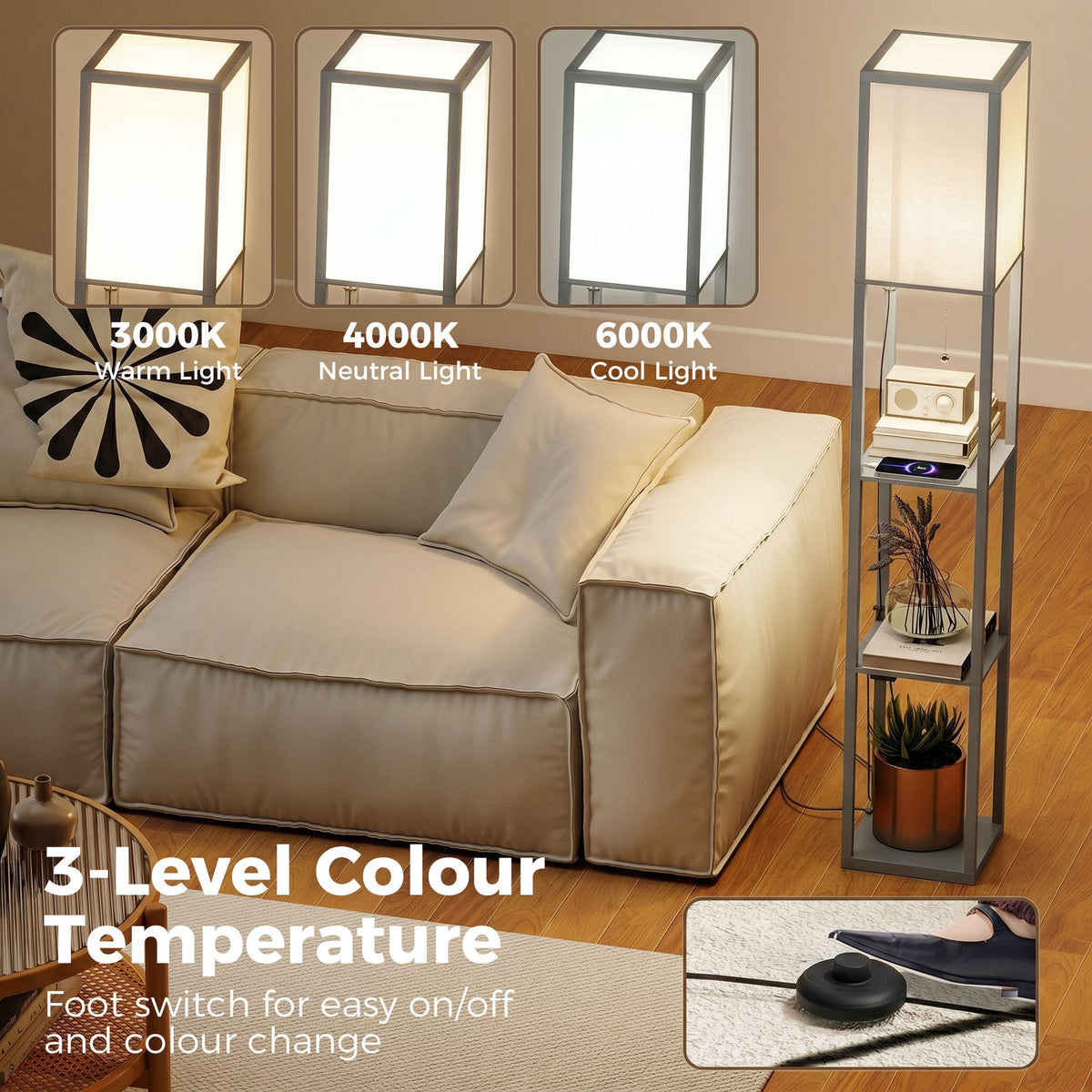 HOMCOM Floor Lamp with Shelves, 3 Layer Column Modern Standing Lamp for Living Room, Bedroom, Office, Grey