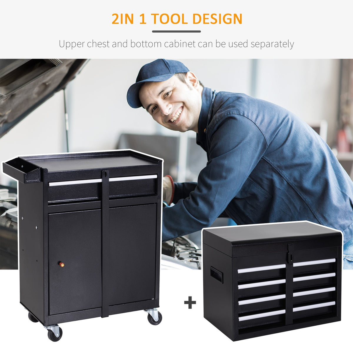 DURHAND Tool Chest 2 in 1 Metal Tool Cabinet Storage Box with 5 Drawers Pegboard Wheels 60x28x104.5cm Black - product image 4