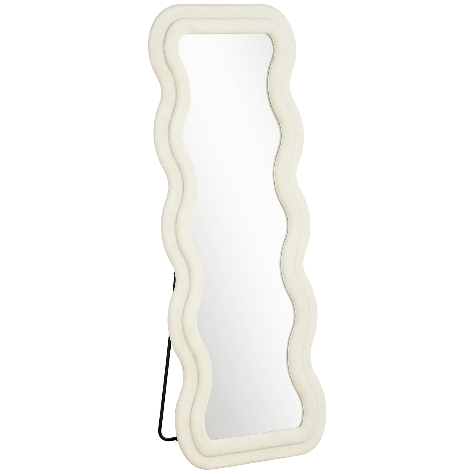 HOMCOM Full Length Mirror, 160 x 60 cm Wavy Full Body Wall Standing Mirror with Velvet Frame and Tempered Glass, Cream White