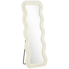 HOMCOM Full Length Mirror, 160 x 60 cm Wavy Full Body Wall Standing Mirror with Velvet Frame and Tempered Glass, Cream White