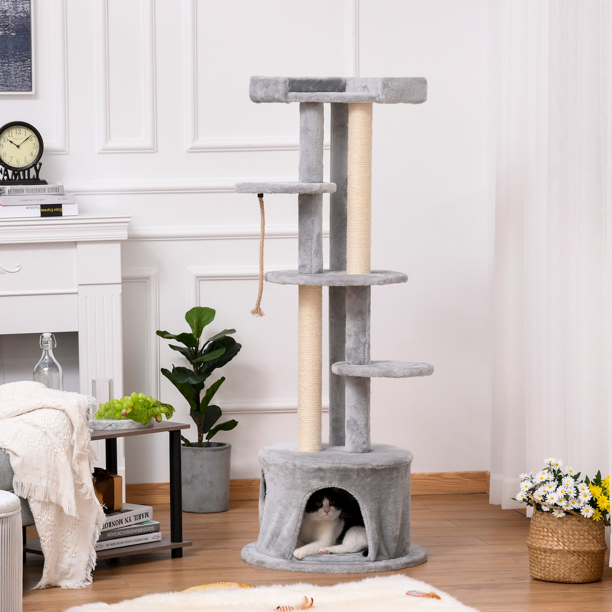 PawHut Cat Tree for Indoor Cats Kitten Tower Multi-level Activity Centre Pet Furniture with Scratching Post Condo Hanging Ropes Plush Perches Grey