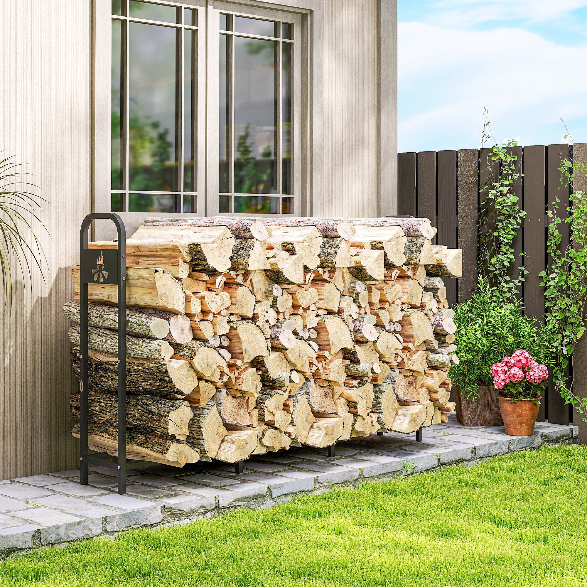 Outsunny 6.5 FT Steel Firewood Log Rack with 300 kg Capacity, Heavy Duty Indoor Outdoor Fireplace Wood Storage Shelf, Log Holder/Stand with Extra Support Legs, Decorative Bonfire Pattern, Black