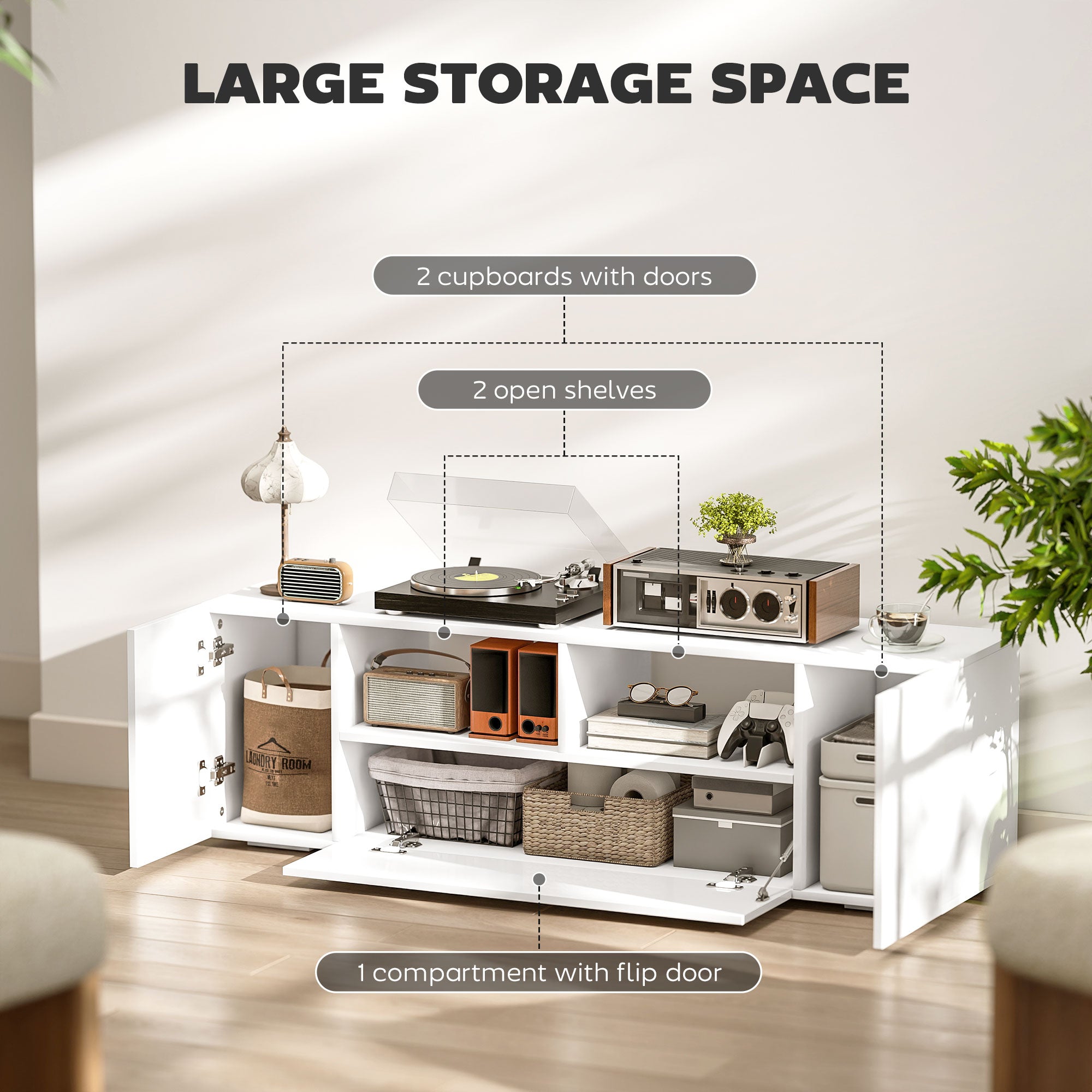 HOMCOM 16 LED Light TV Stand, with Storage - High Gloss White