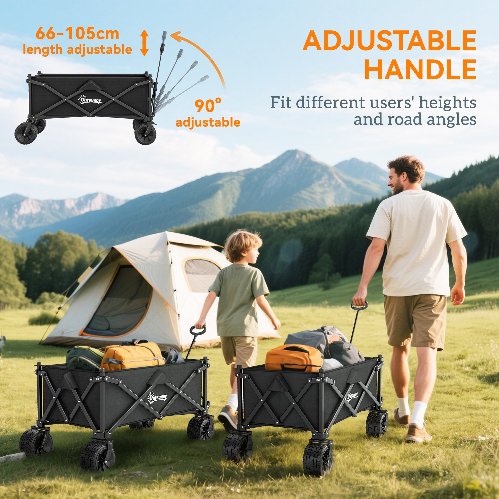 Outsunny Folding Garden Trolley, Outdoor Wagon Cart with Carry Bag, for Beach, Camping, Festival, 120KG Capacity, Black