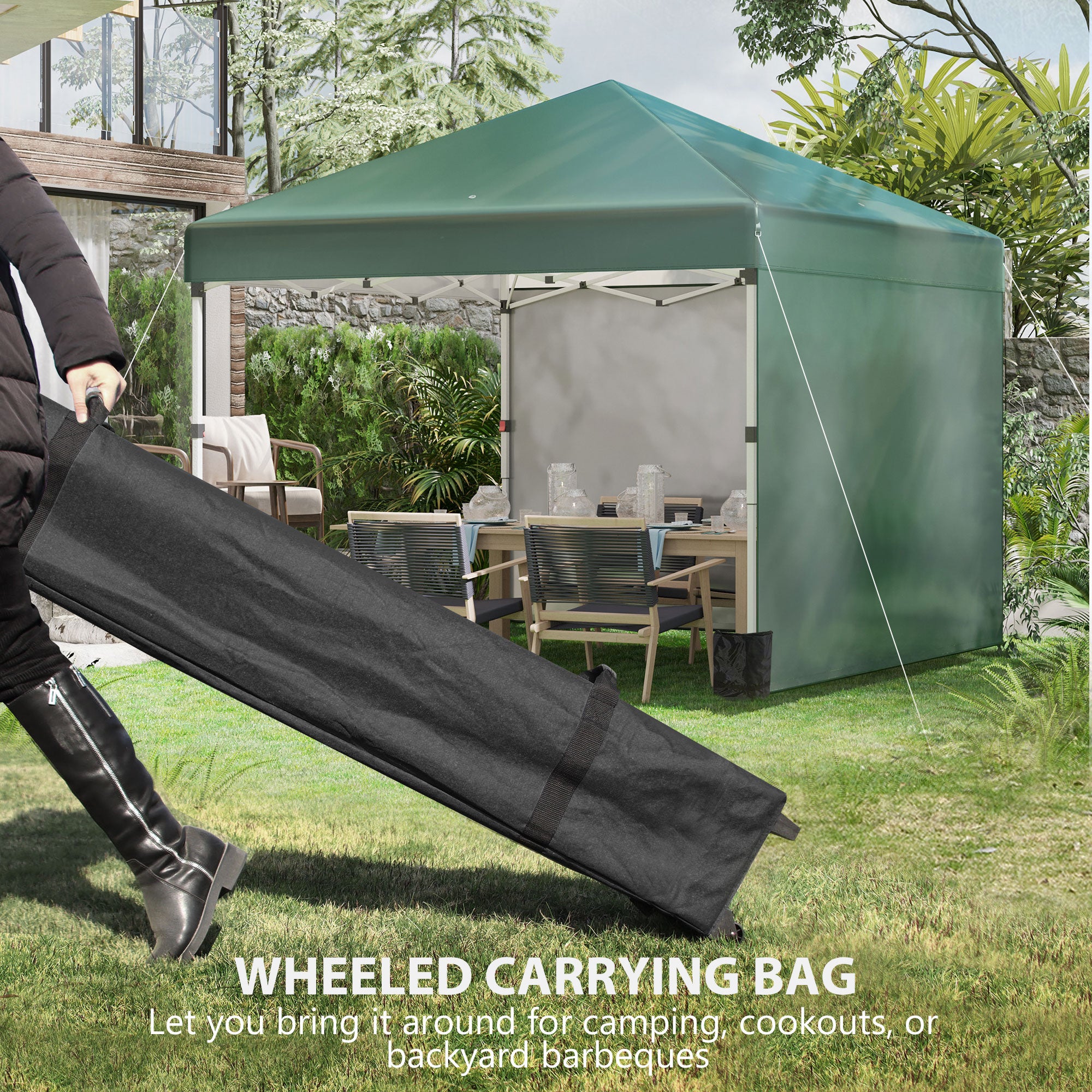 Outsunny 3 x 3 (M) Pop Up Gazebo, UPF 30+ with 2 Sidewalls, Leg Weight Bags and Wheeled Bag, Height Adjustable Party Tent Event Shelter for Garden, Patio, Green