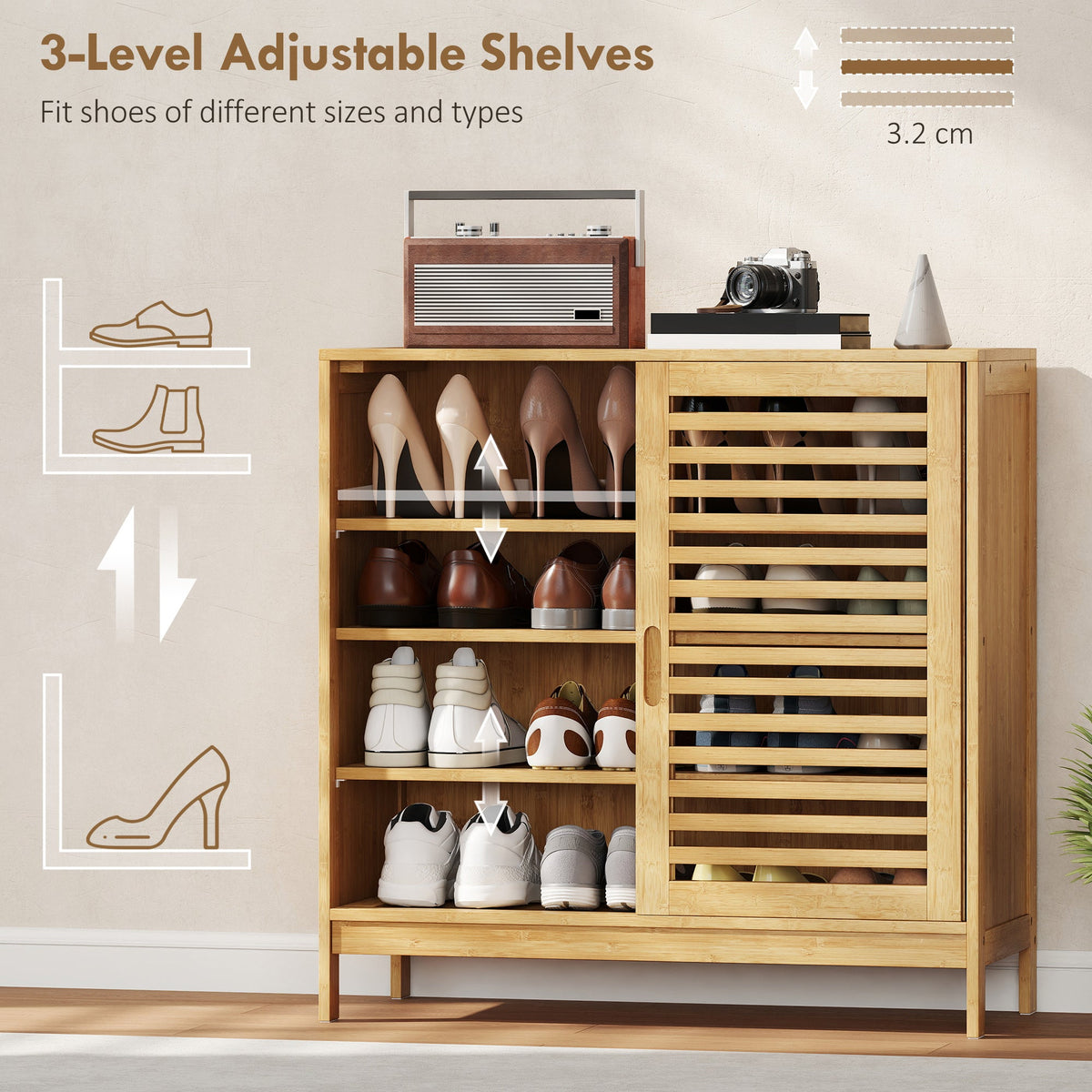 HOMCOM Bamboo Shoe Cabinet with 2 Sliding Slat Doors, 16Pairs, Adjustable Shelves, Natural