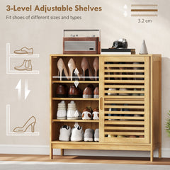 HOMCOM Bamboo Shoe Cabinet with 2 Sliding Slat Doors, 16Pairs, Adjustable Shelves, Natural
