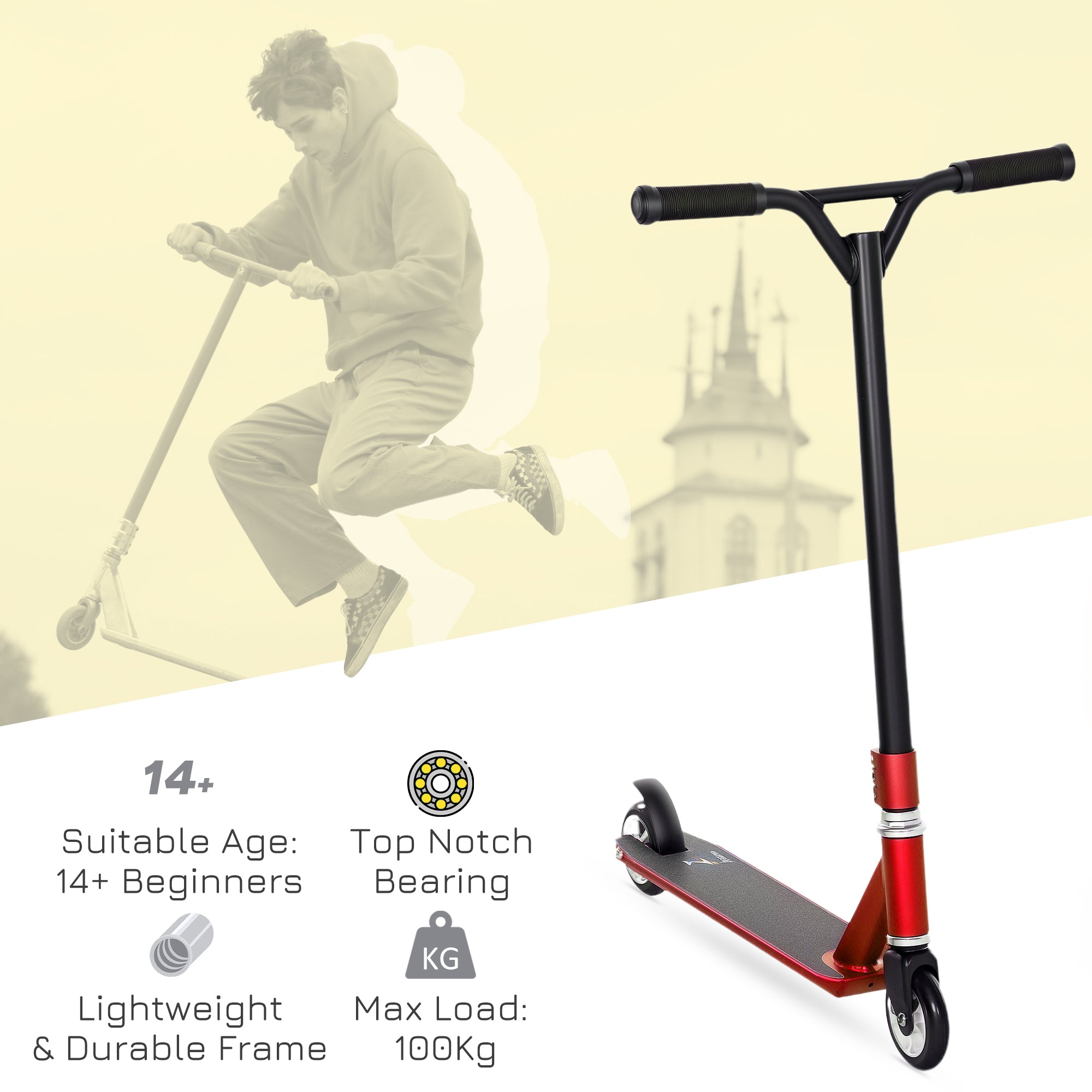 HOMCOM Stunt Scooter, 360√Ç¬∞ Entry Level Tricks Scooter w/ Lightweight Aluminium Deck and ABEC 7 Bearing, For Age 14+ Beginners, Red