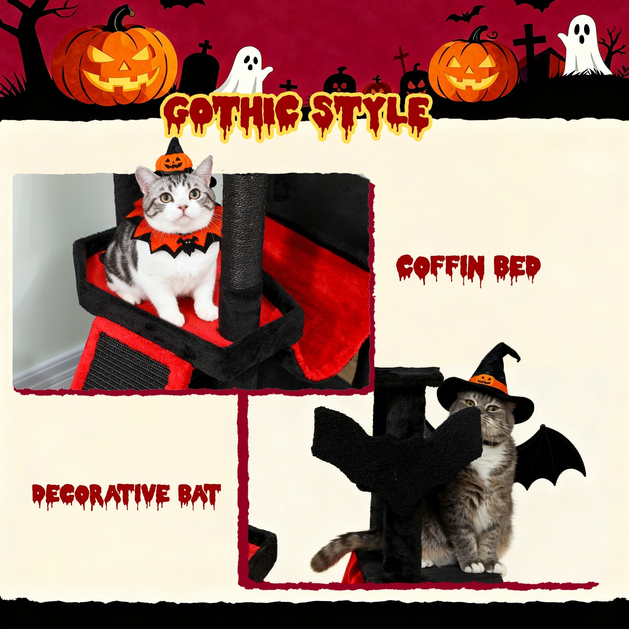 PawHut Gothic Cat Tree, 152 cm Multi-Level Cat Tower for Large Cats with Coffin Bed, Large Condo, for Halloween