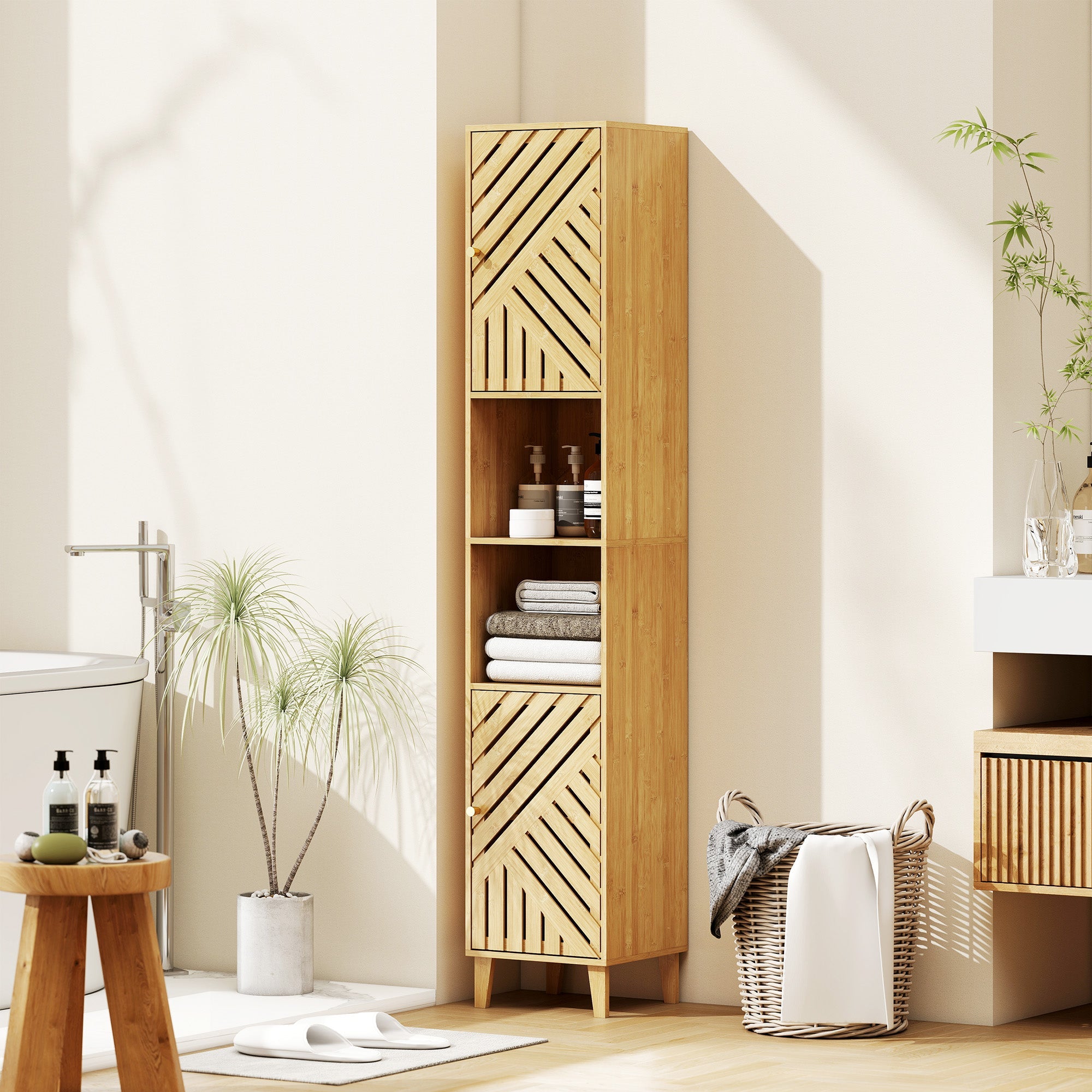 HOMCOM Multi-Storage Bamboo Door Bathroom Cabinet - Natural Finish
