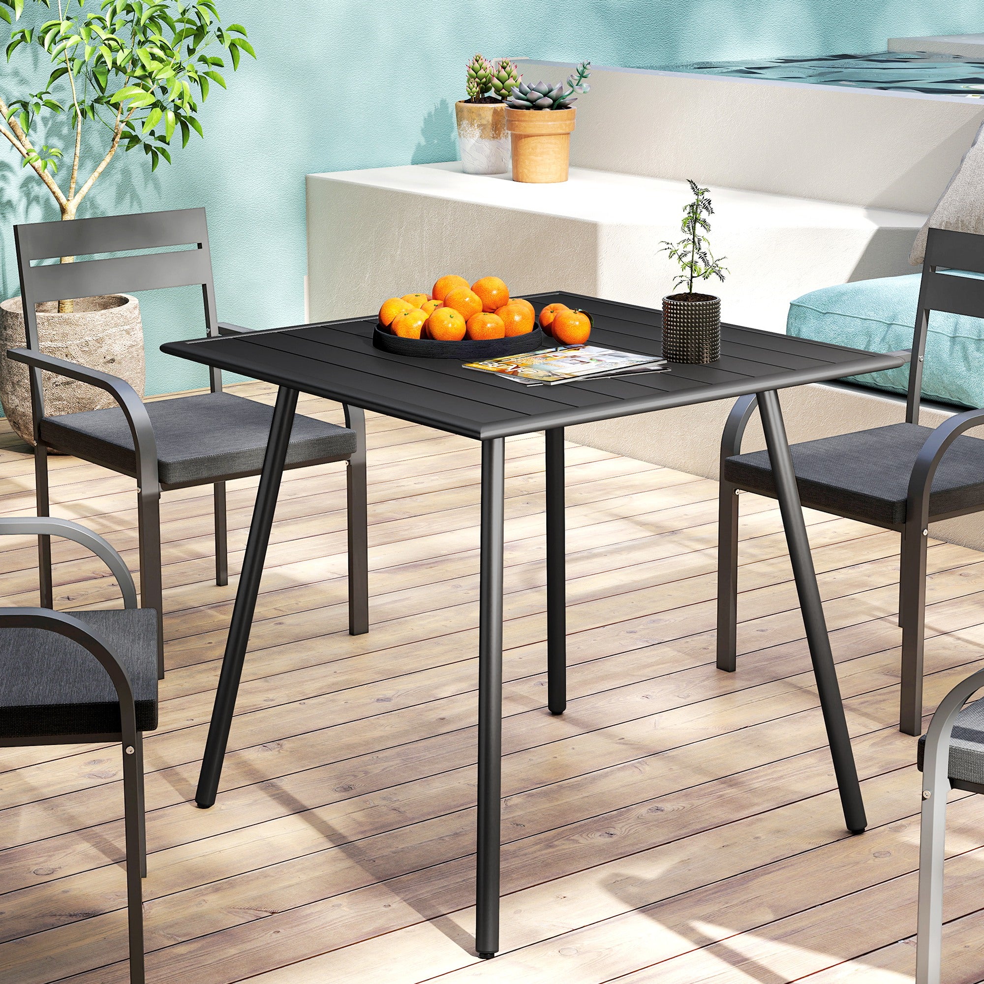 Outsunny Square Garden Table with Slat Top, Steel Frame, Outdoor Table for 4 Person, 80 x 80 x 74 cm, Black