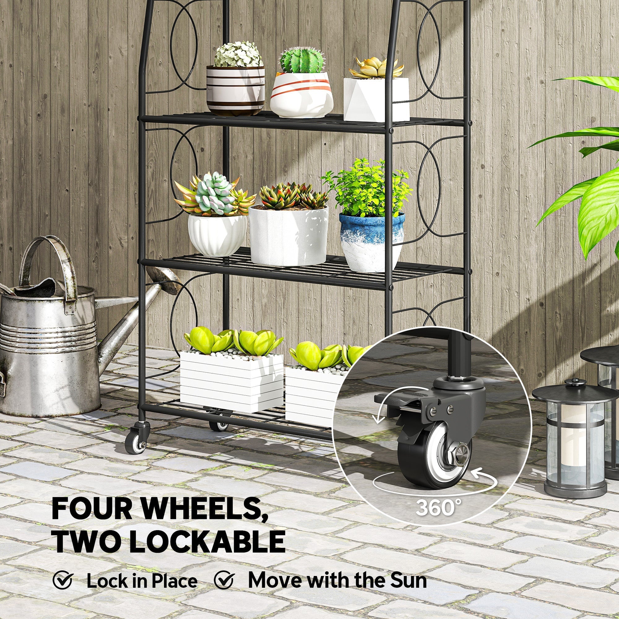 Outsunny 4-Tier Metal Plant Stand, Heavy Duty Ladder Shelf Potted Plants Display Rack with Lockable Wheels
