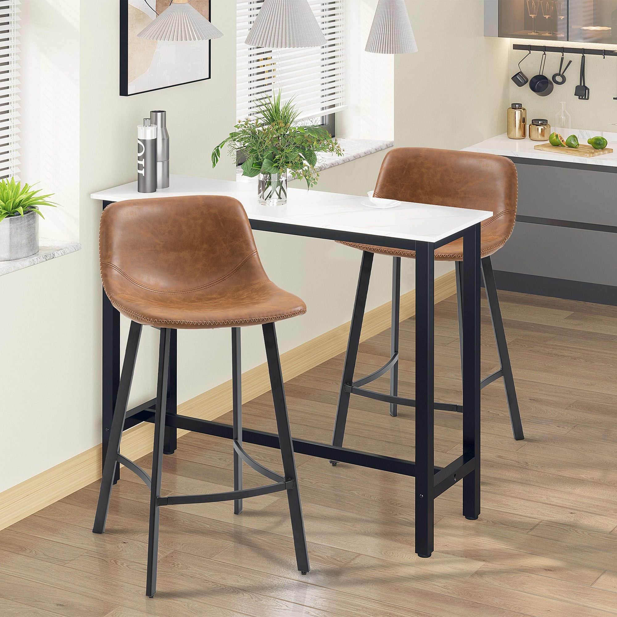 HOMCOM Bar Stools Set of 2, PU Leather Kitchen Stools, Upholstered Breakfast Bar Chairs with Backrest, Steel Legs for Home, Dining Room, Brown