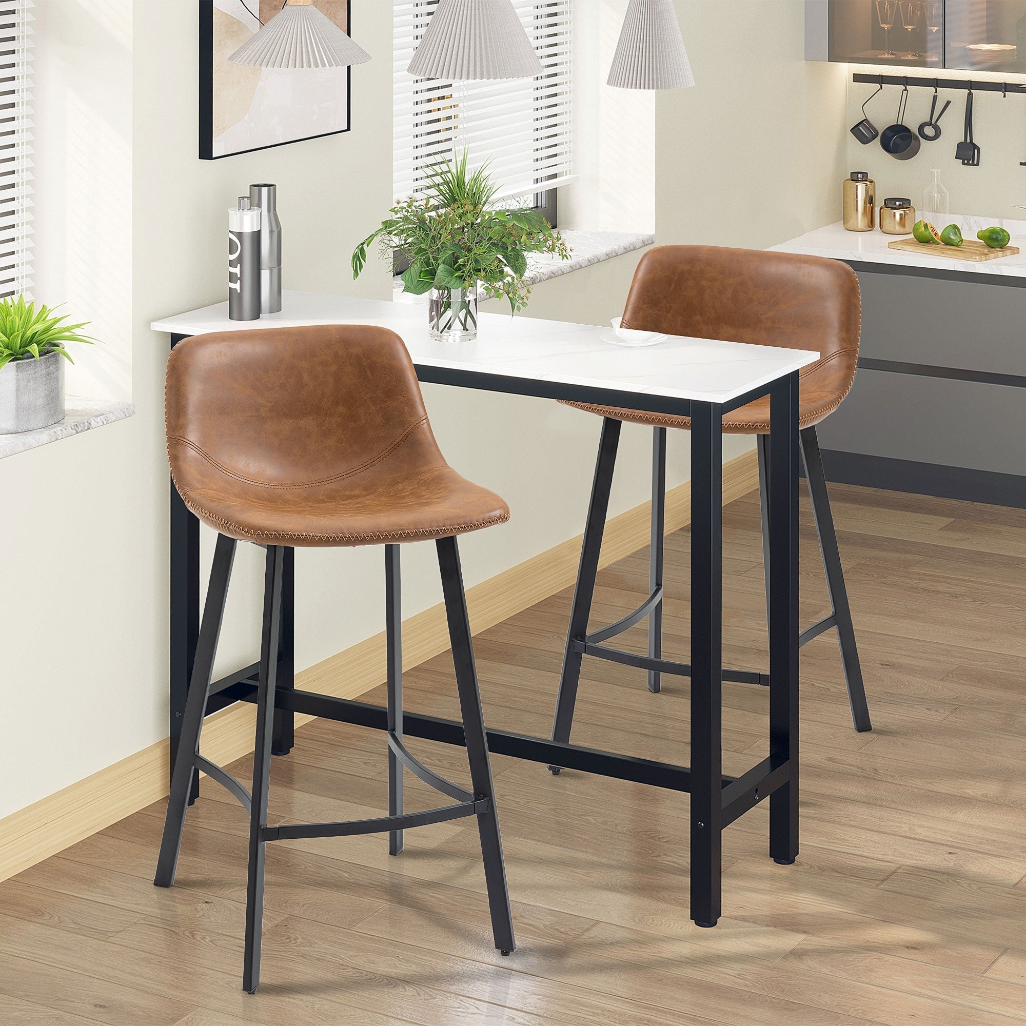 HOMCOM Bar Stools Set of 2, PU Leather Dining Stools with Backrest, Footrest, for Kitchen, Counter, Breakfast Bar, Brown