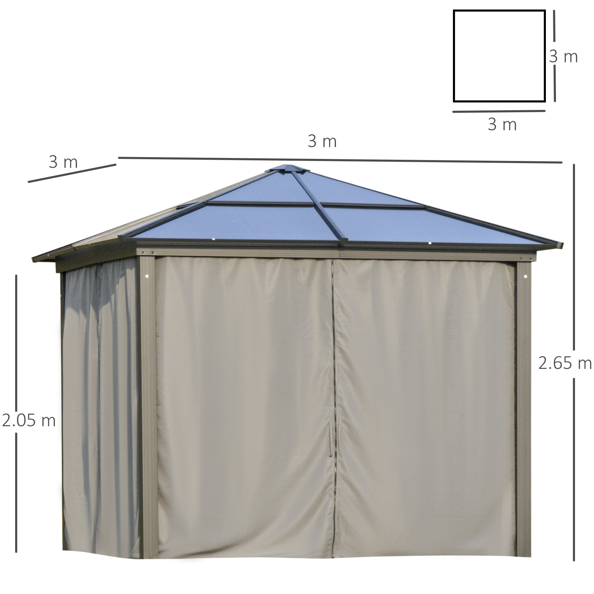 Outsunny 3 x 3(m) Hardtop Gazebo Canopy with Polycarbonate Roof, Aluminium Frame, Permanent Pavilion Garden Gazebo with Netting and Curtains for Patio, Deck, Dark Grey