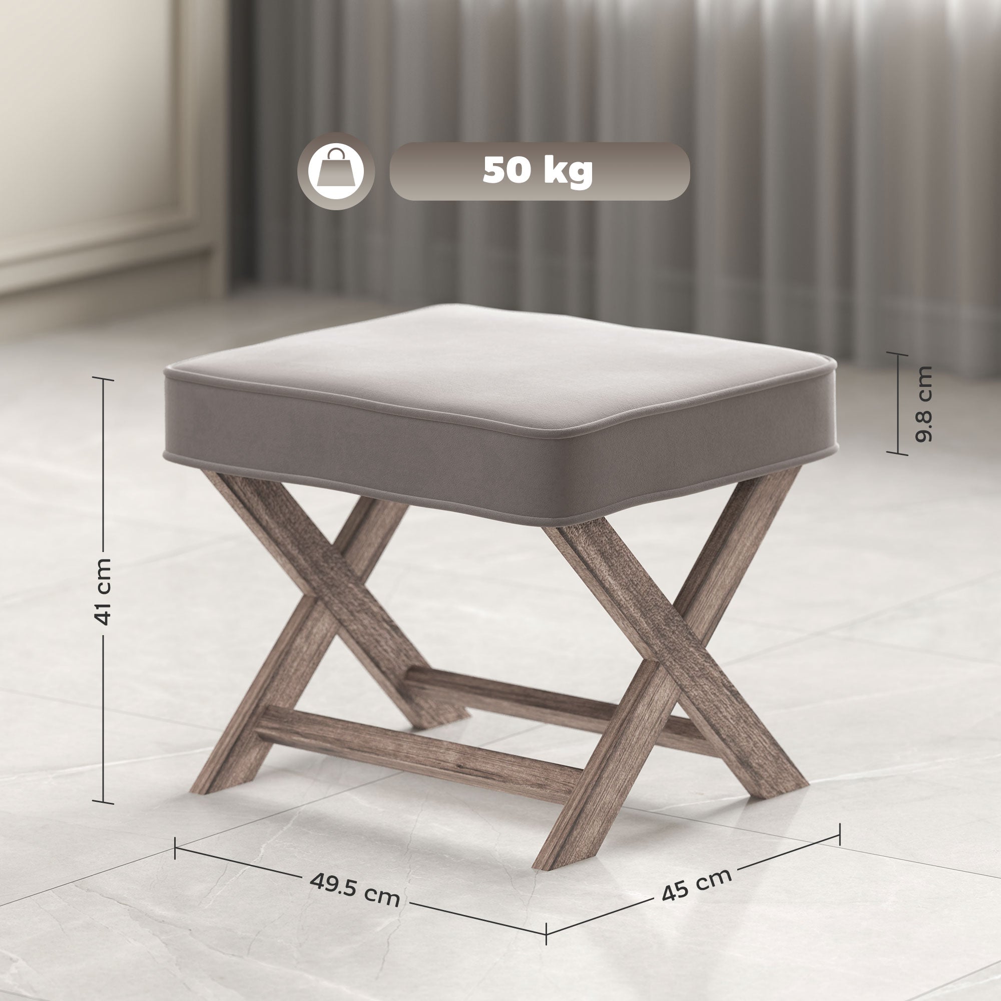 HOMCOM Vintage Footstool Padded Seat X Leg Chair Velvet Cover Shabby Chic Footrest Solid Rubber Wood Frame 49.5 x 45 x 41 cm Grey