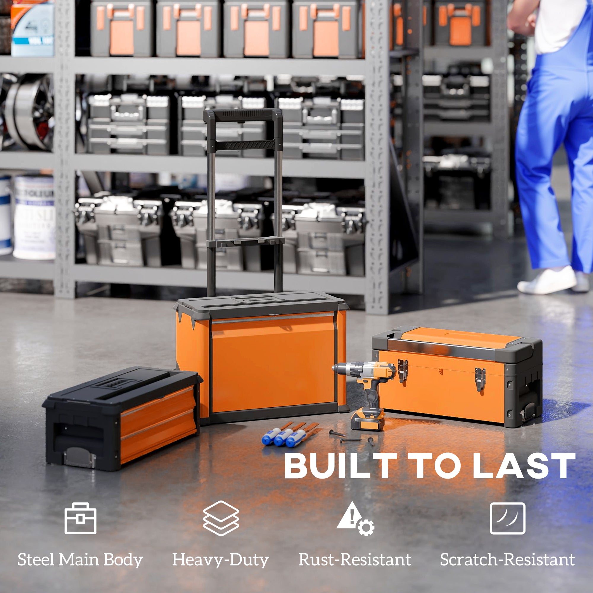 HOMCOM 3-in-1 Stackable Rolling Tool Box - Orange